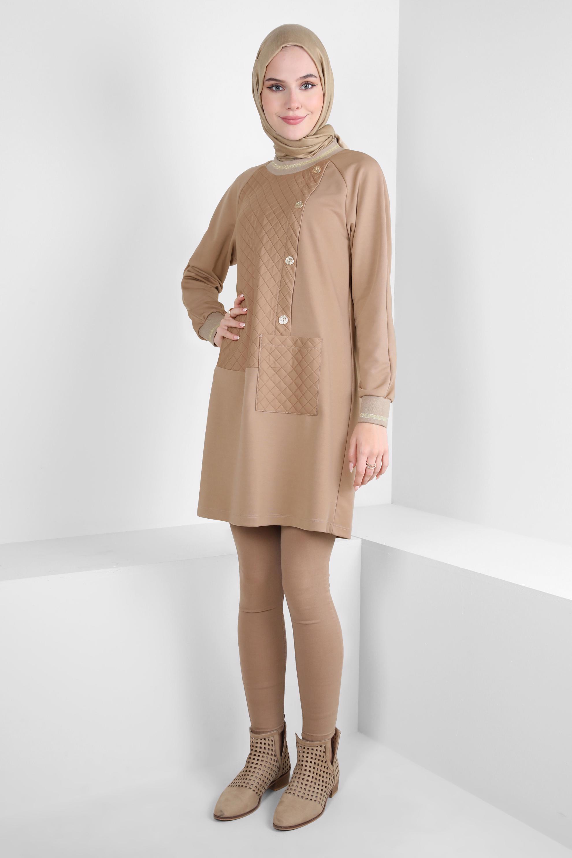 Tesettür giyim BEJ MANŞETLERİ LASTİKLİ TUNİK 44202