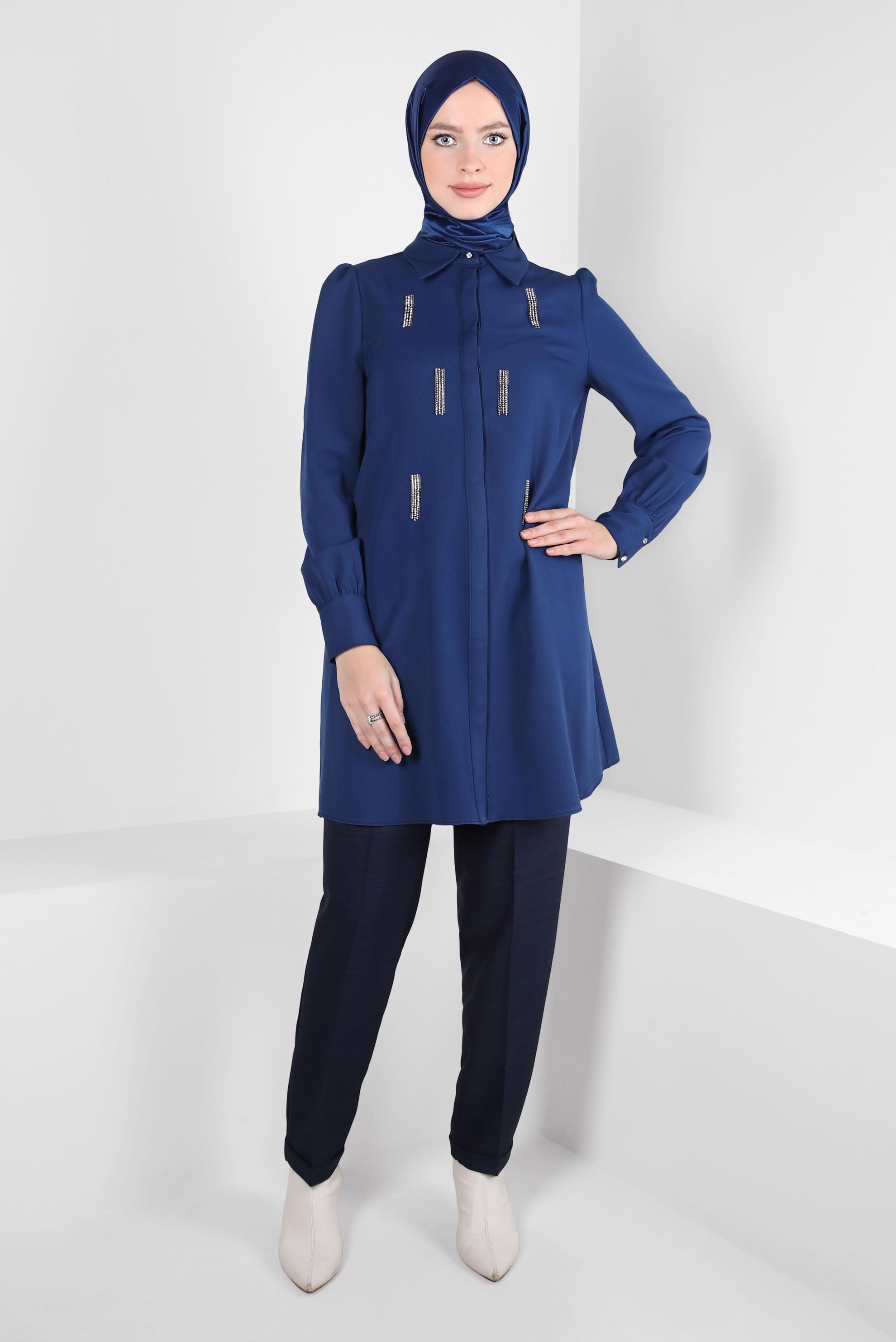 Tesettür giyim LACİVERT TAŞ DETAYLI TUNİK 44207