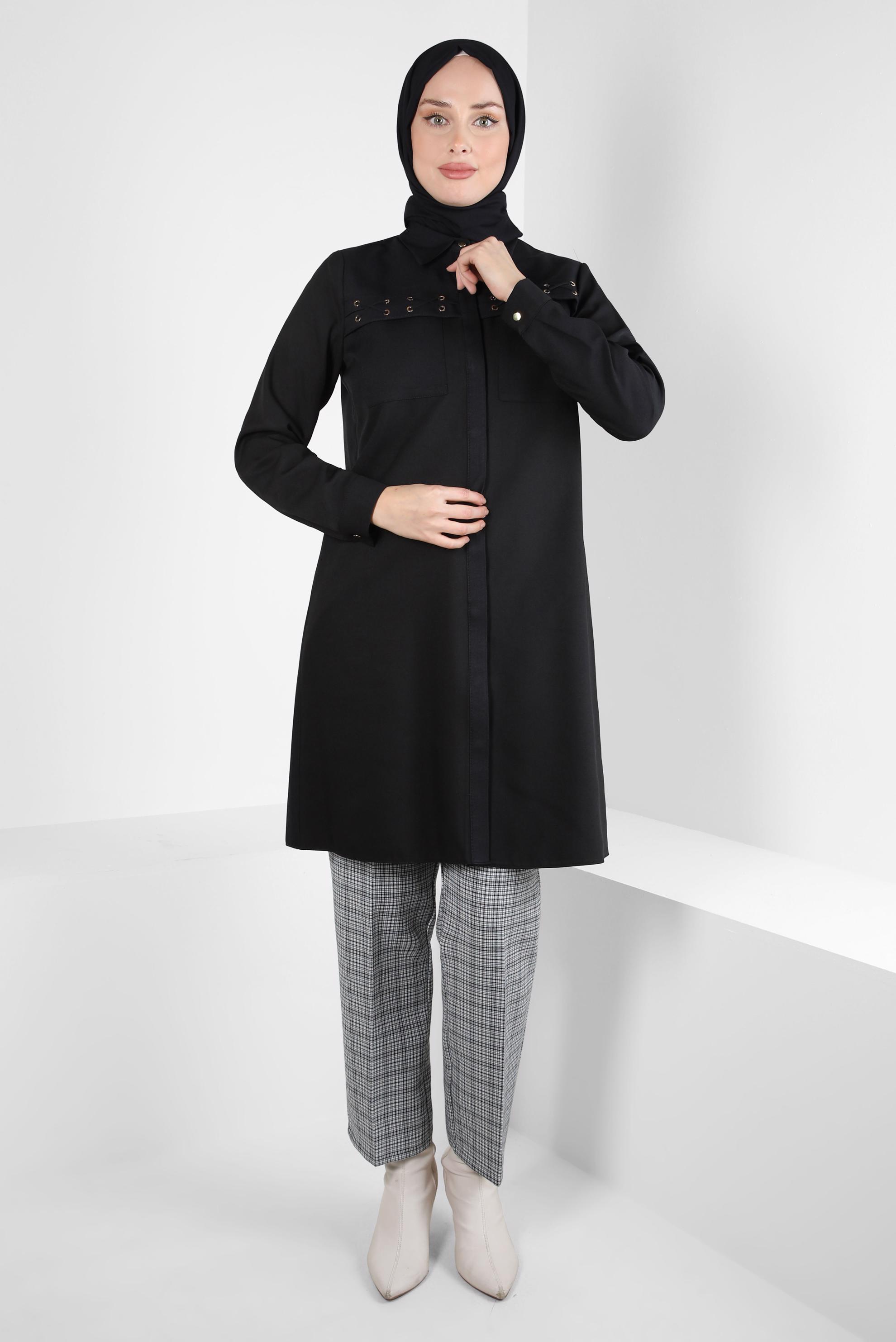 Tesettür giyim SİYAH BAĞCIK DETAYLI TUNİK 44208