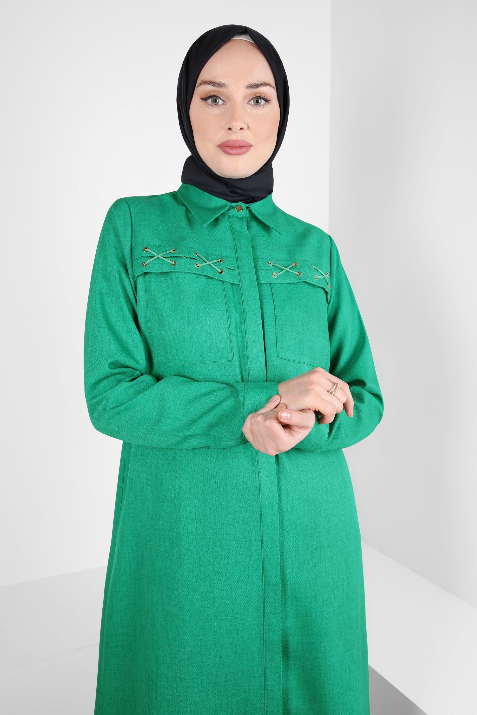 Tesettür giyim YEŞİL BAĞCIK DETAYLI TUNİK 44208