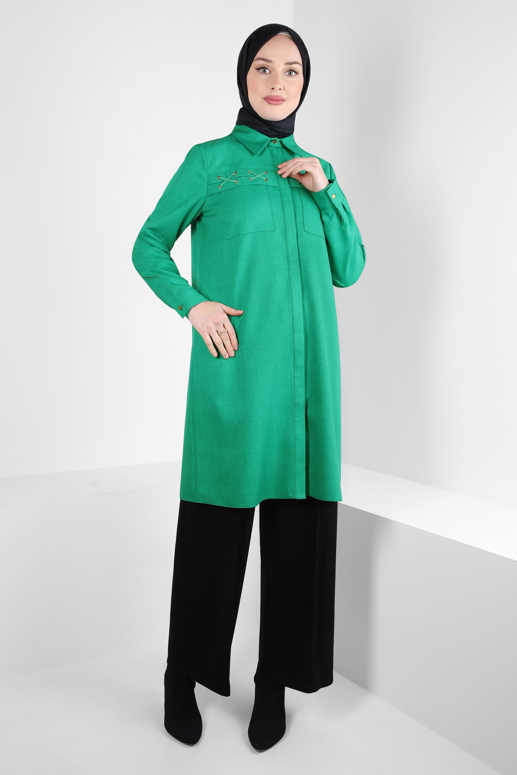 Tesettür giyim YEŞİL BAĞCIK DETAYLI TUNİK 44208