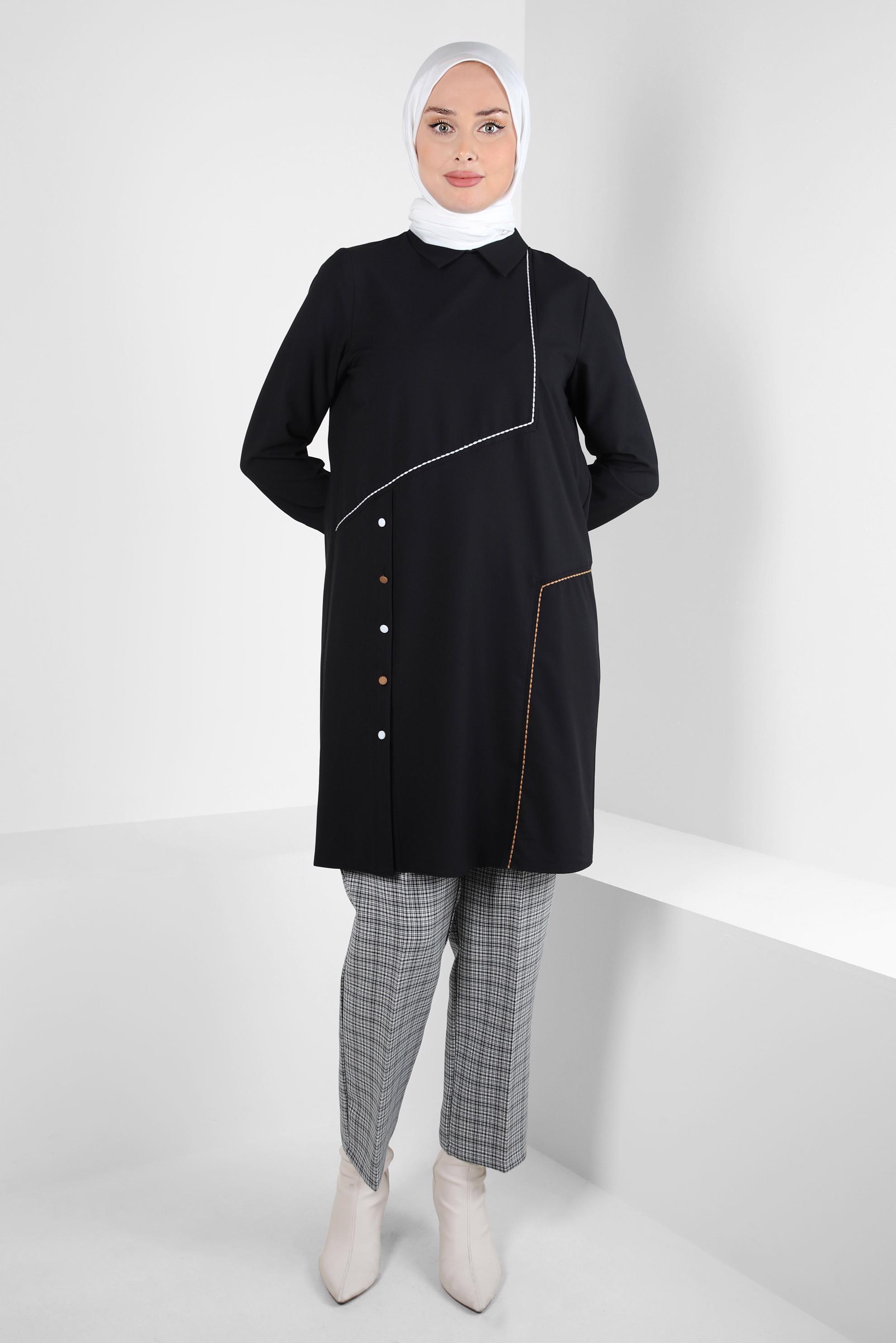 Tesettür giyim SİYAH GÖMLEK YAKA TUNİK 44209