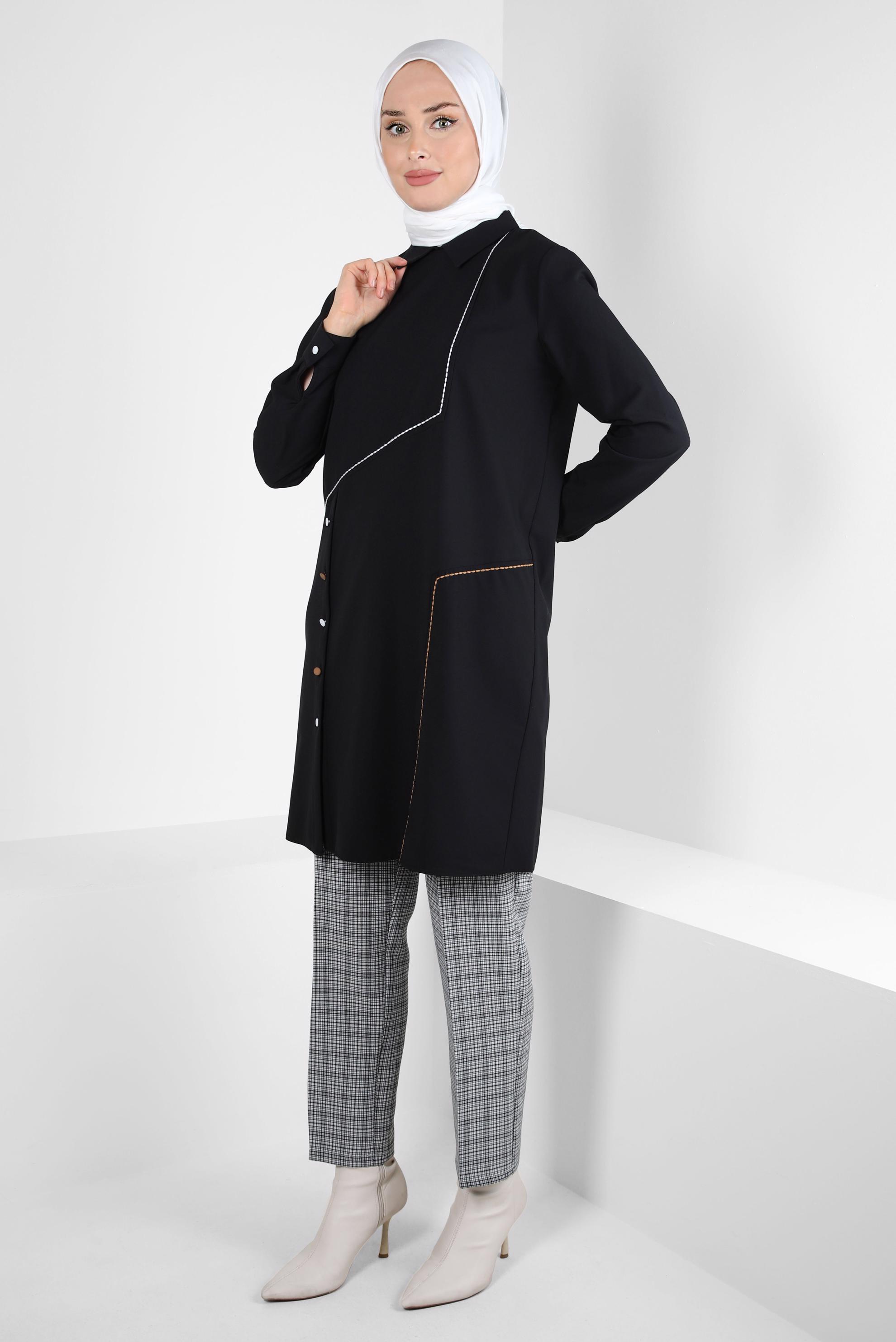 Tesettür giyim SİYAH GÖMLEK YAKA TUNİK 44209