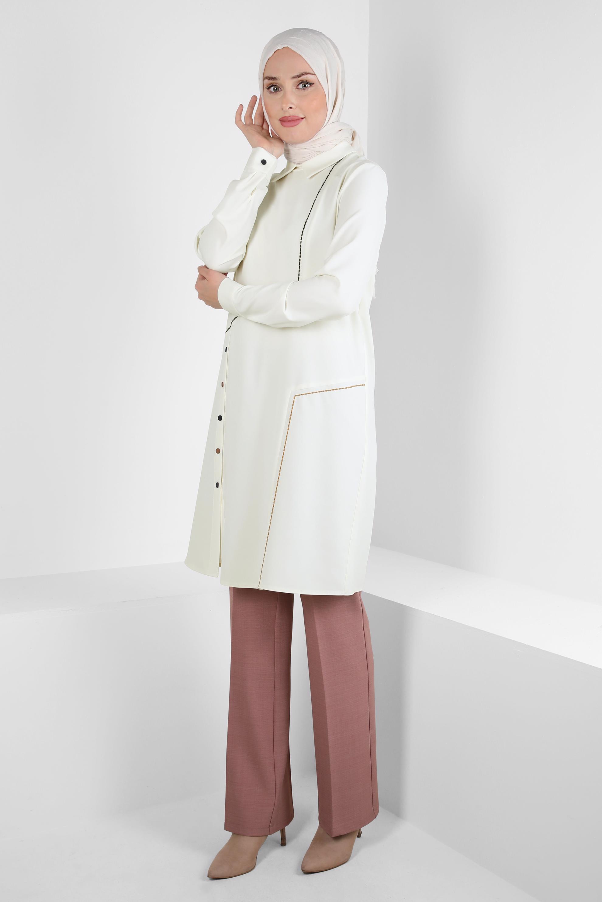 Tesettür giyim EKRU GÖMLEK YAKA TUNİK 44209