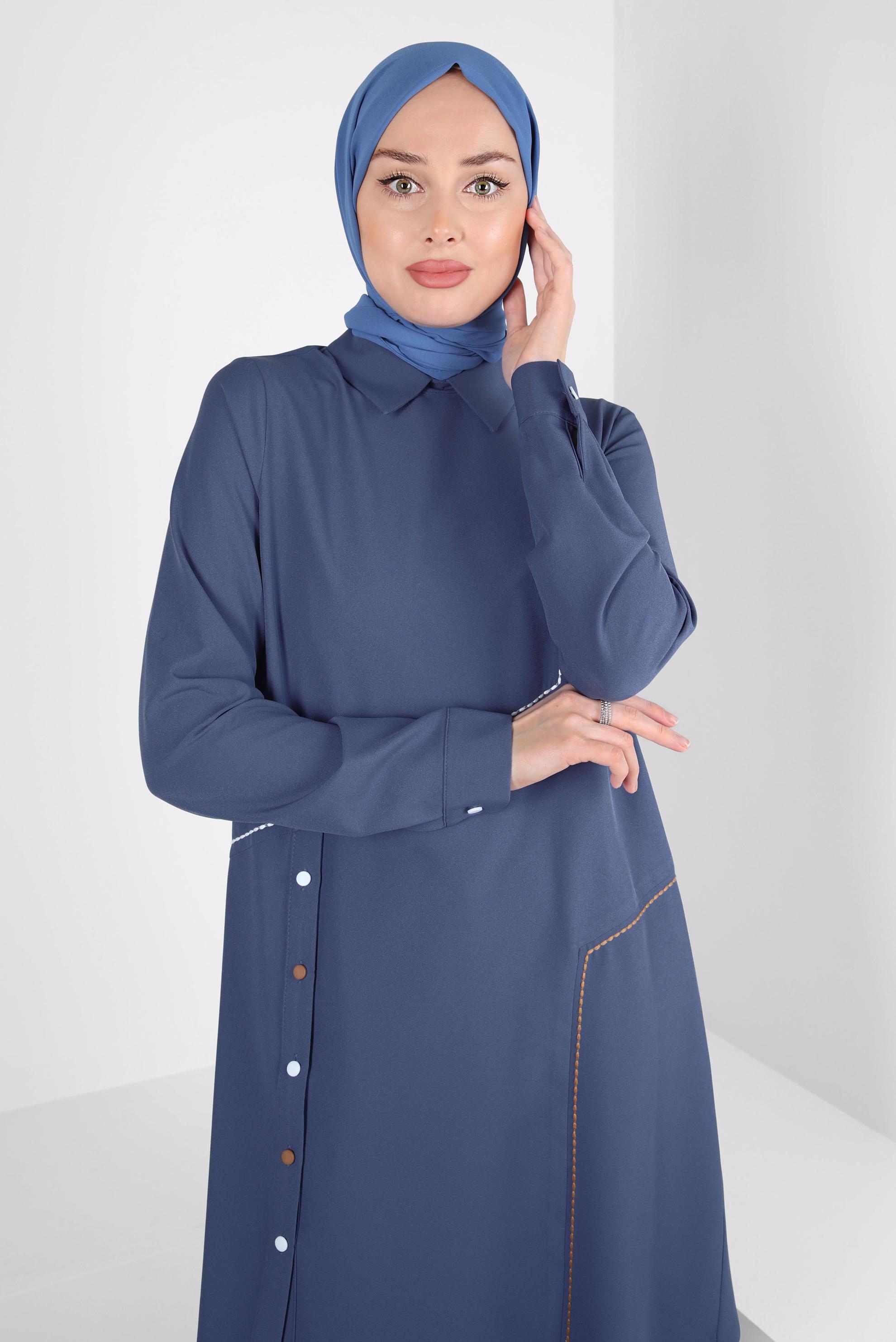 Tesettür giyim MAVİ GÖMLEK YAKA TUNİK 44209