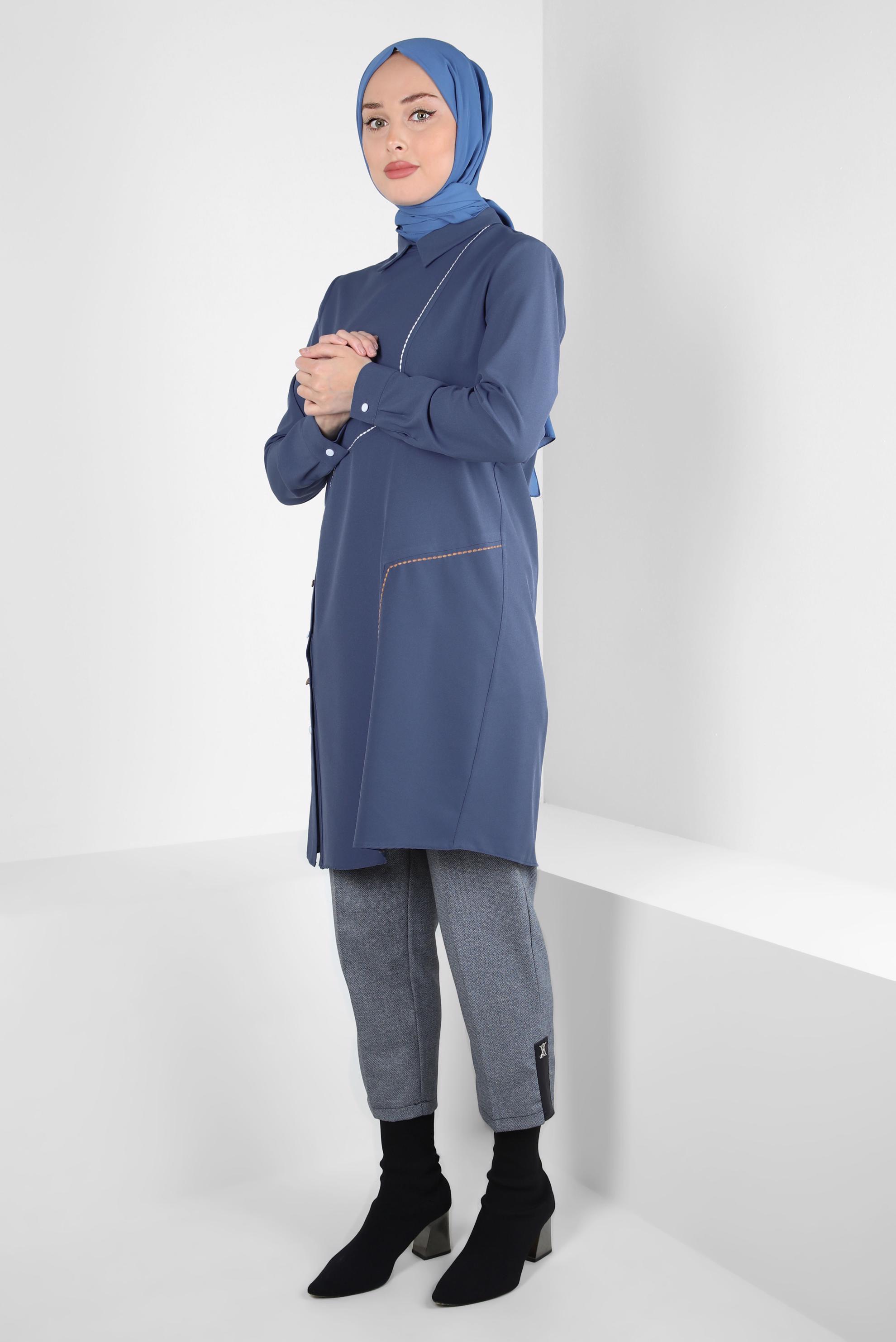 Tesettür giyim MAVİ GÖMLEK YAKA TUNİK 44209