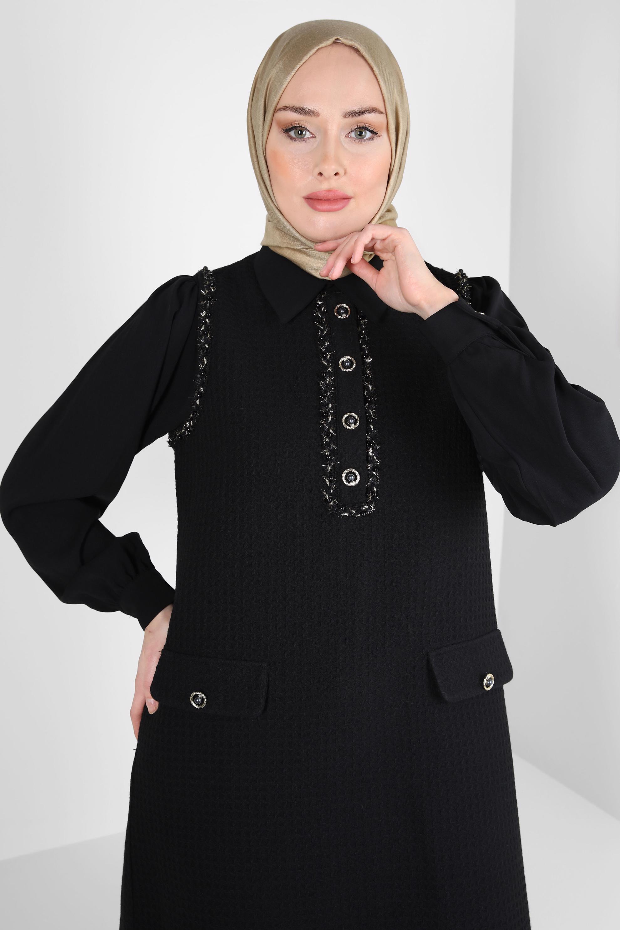Tesettür giyim SİYAH GÖMLEK YAKA YELEKLİ TUNİK 44216