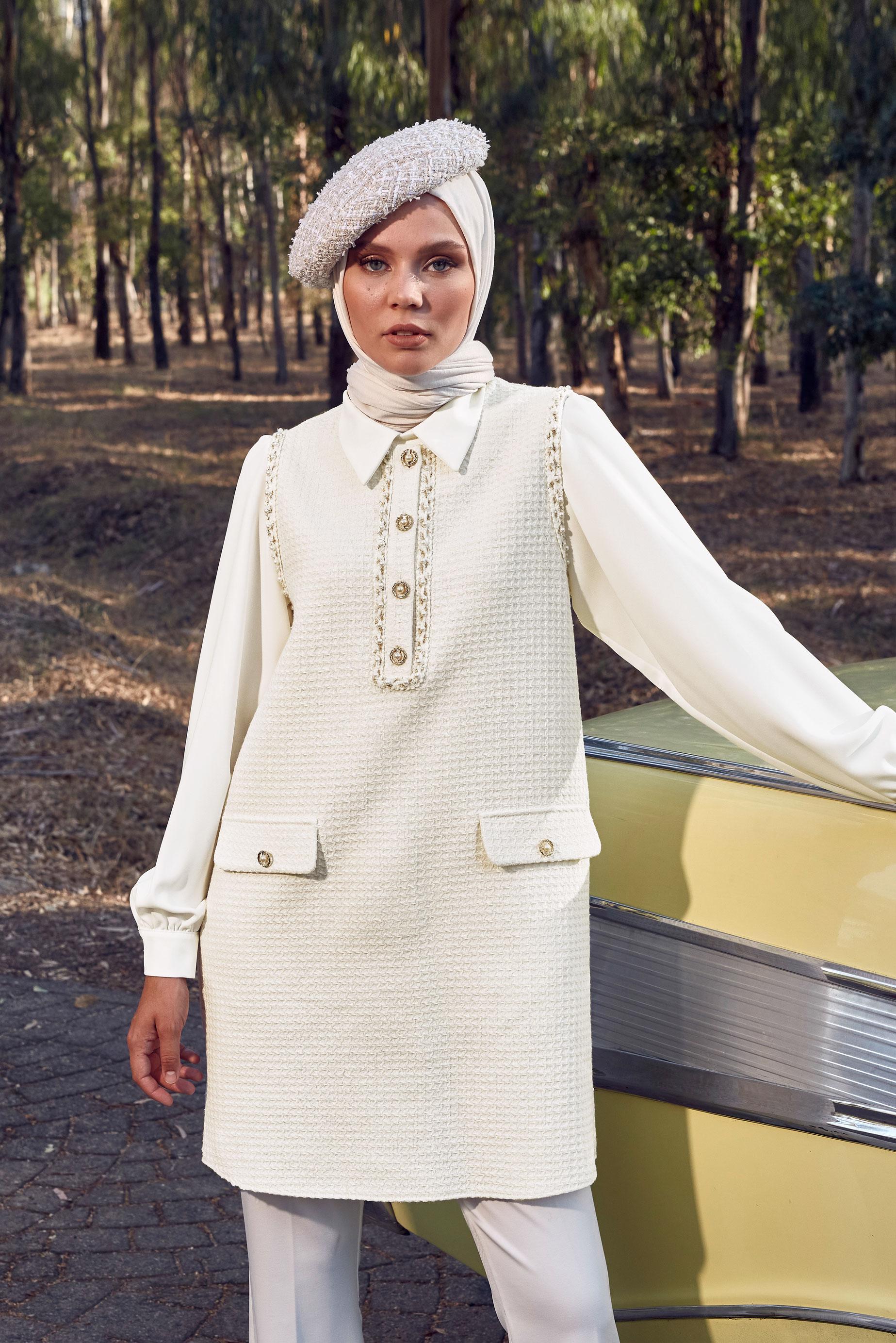 Tesettür giyim BEYAZ GÖMLEK YAKA YELEKLİ TUNİK 44216