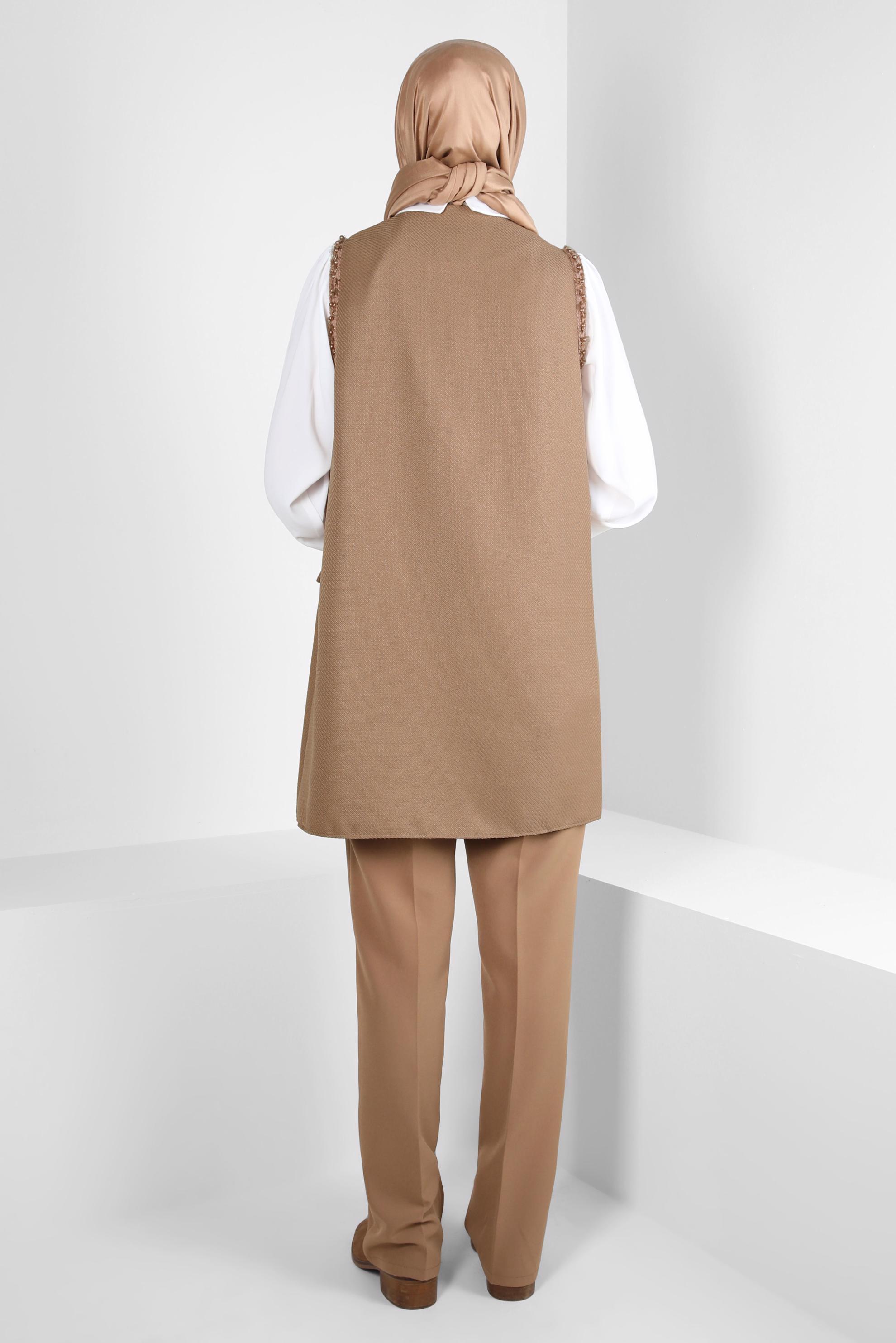 Tesettür giyim KAHVE GÖMLEK YAKA YELEKLİ TUNİK 44216