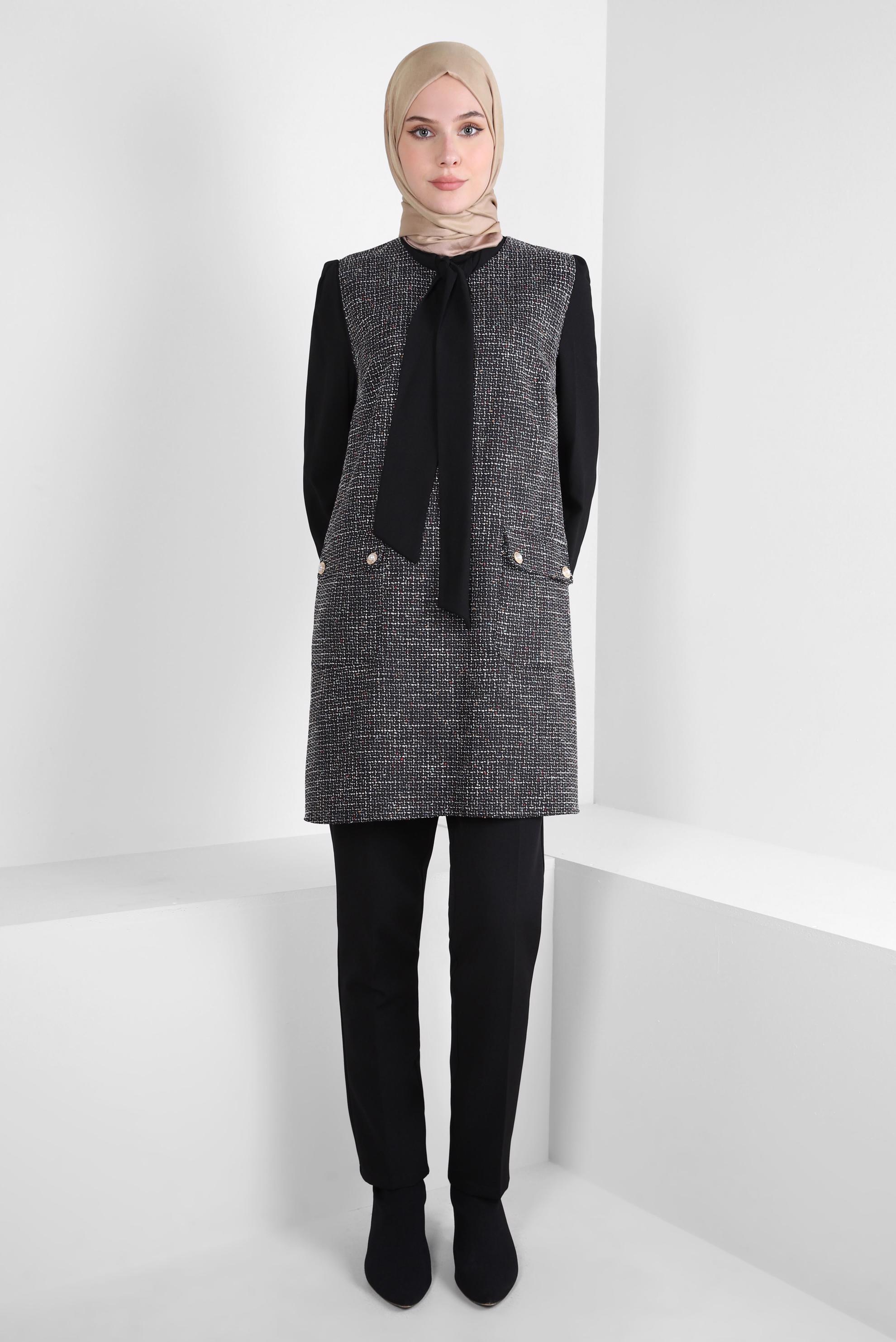 Tesettür giyim SİYAH FULAR YAKA SÜVETERLİ TUNİK 44217