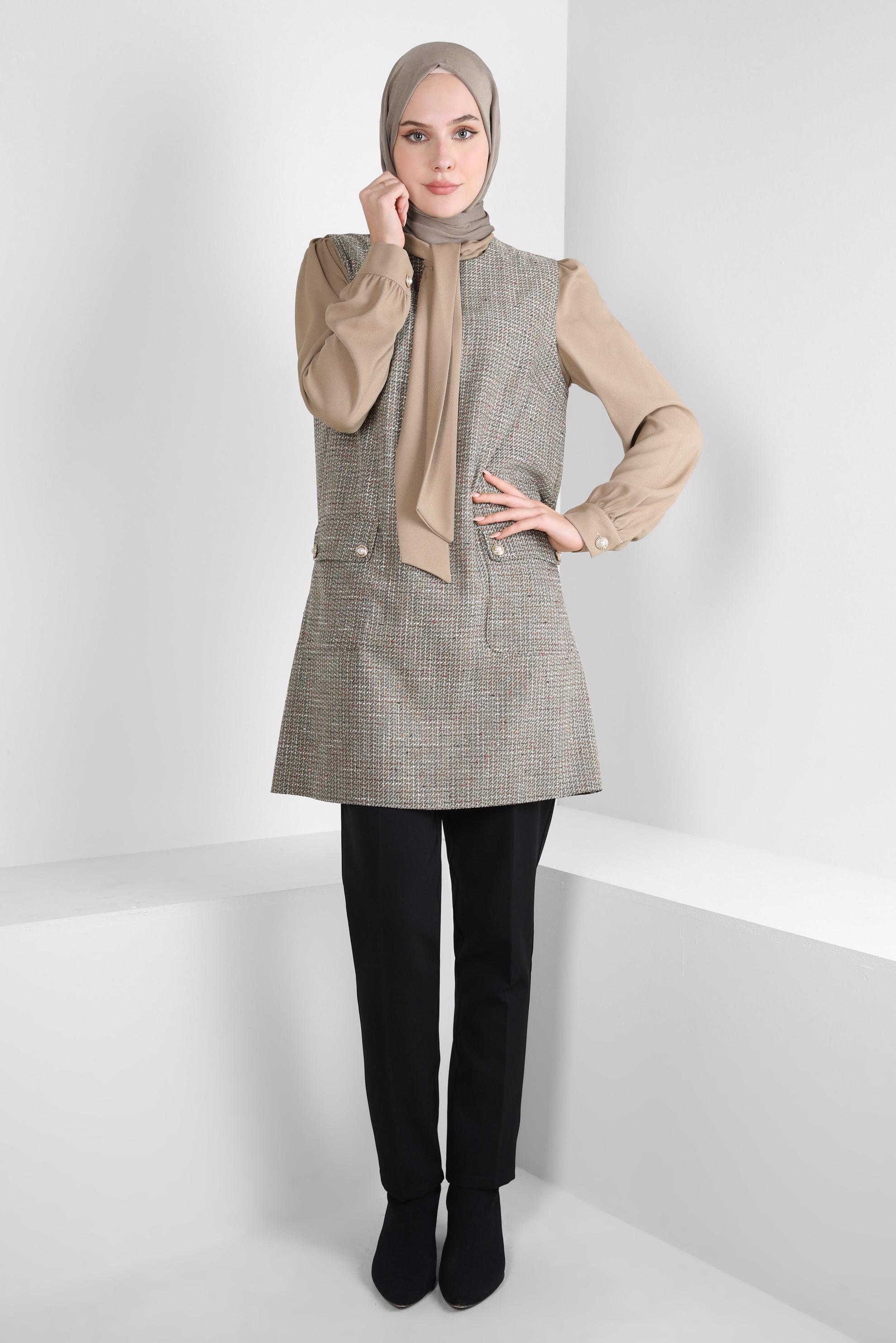 Tesettür giyim KAHVE FULAR YAKA SÜVETERLİ TUNİK 44217