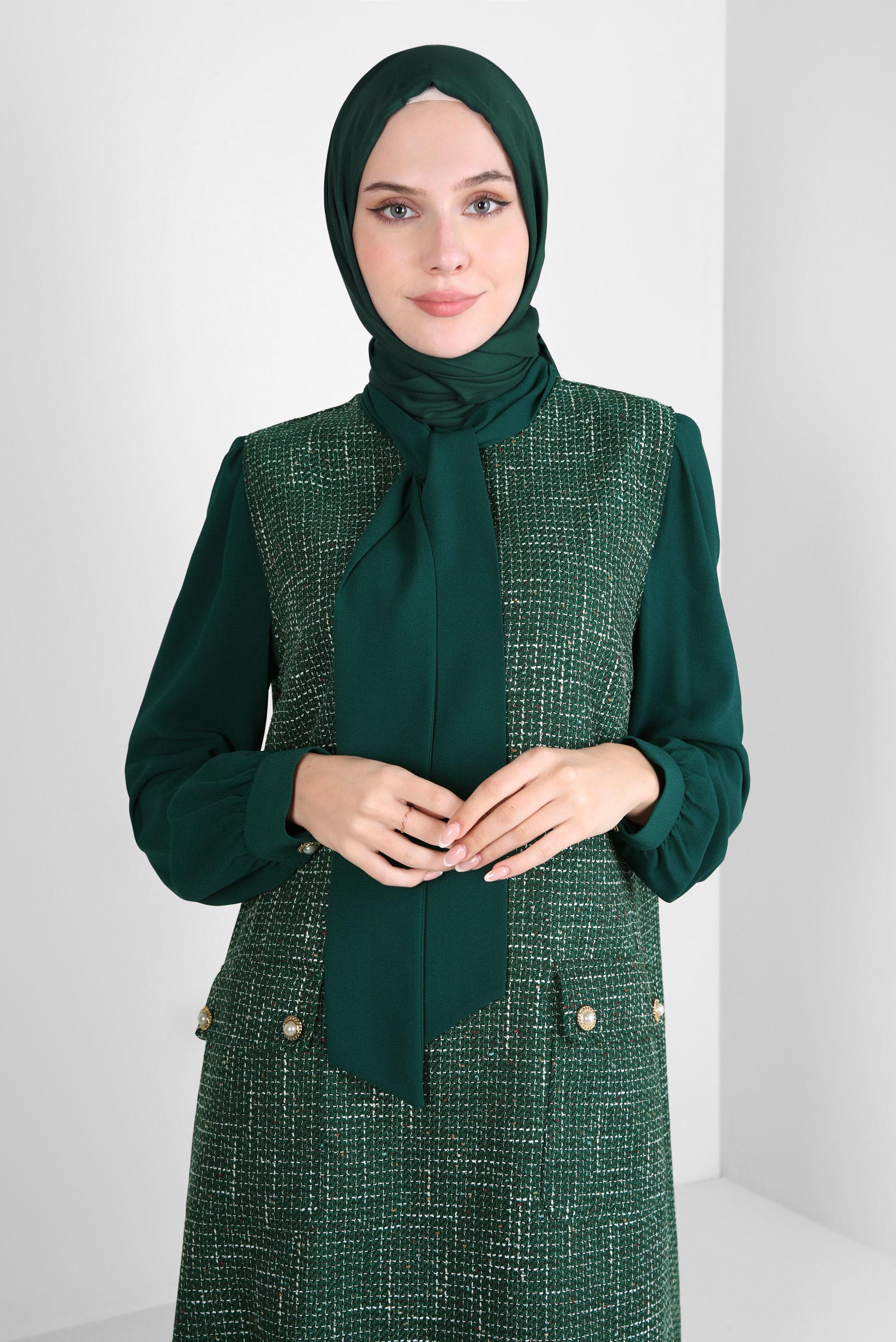 Tesettür giyim YEŞİL FULAR YAKA SÜVETERLİ TUNİK 44217