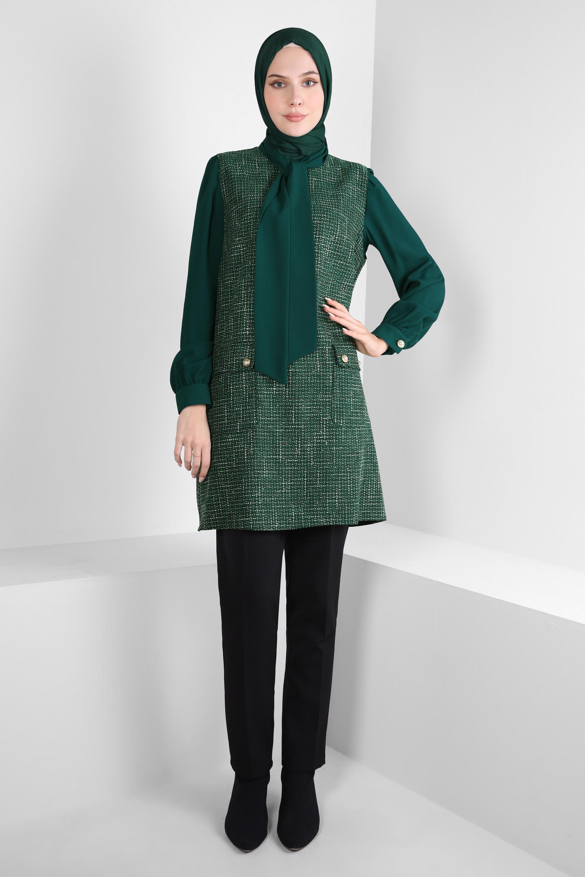 Tesettür giyim YEŞİL FULAR YAKA SÜVETERLİ TUNİK 44217
