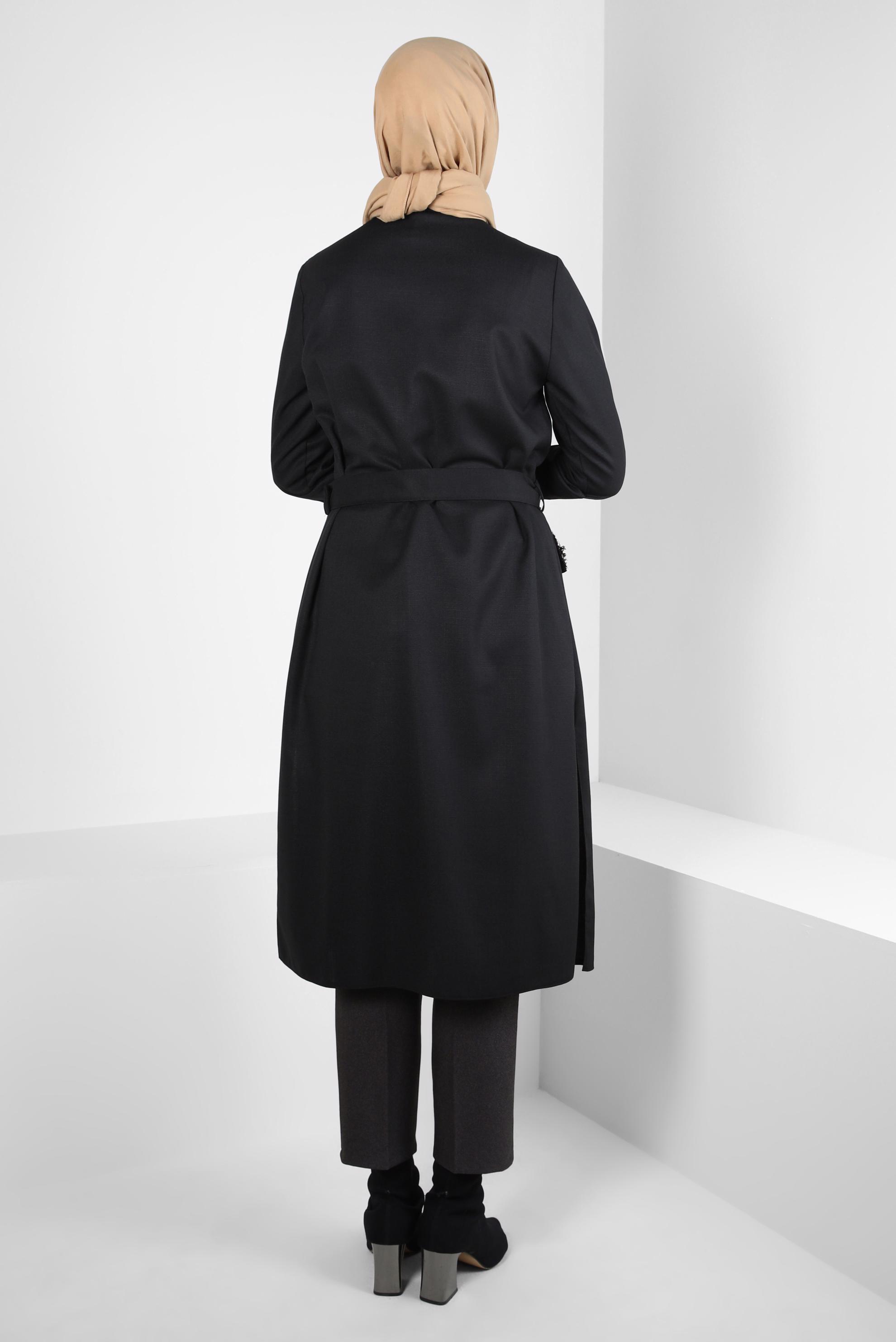 Tesettür giyim SİYAH KEMERLİ İŞLEME DETAYLI TUNİK 44220