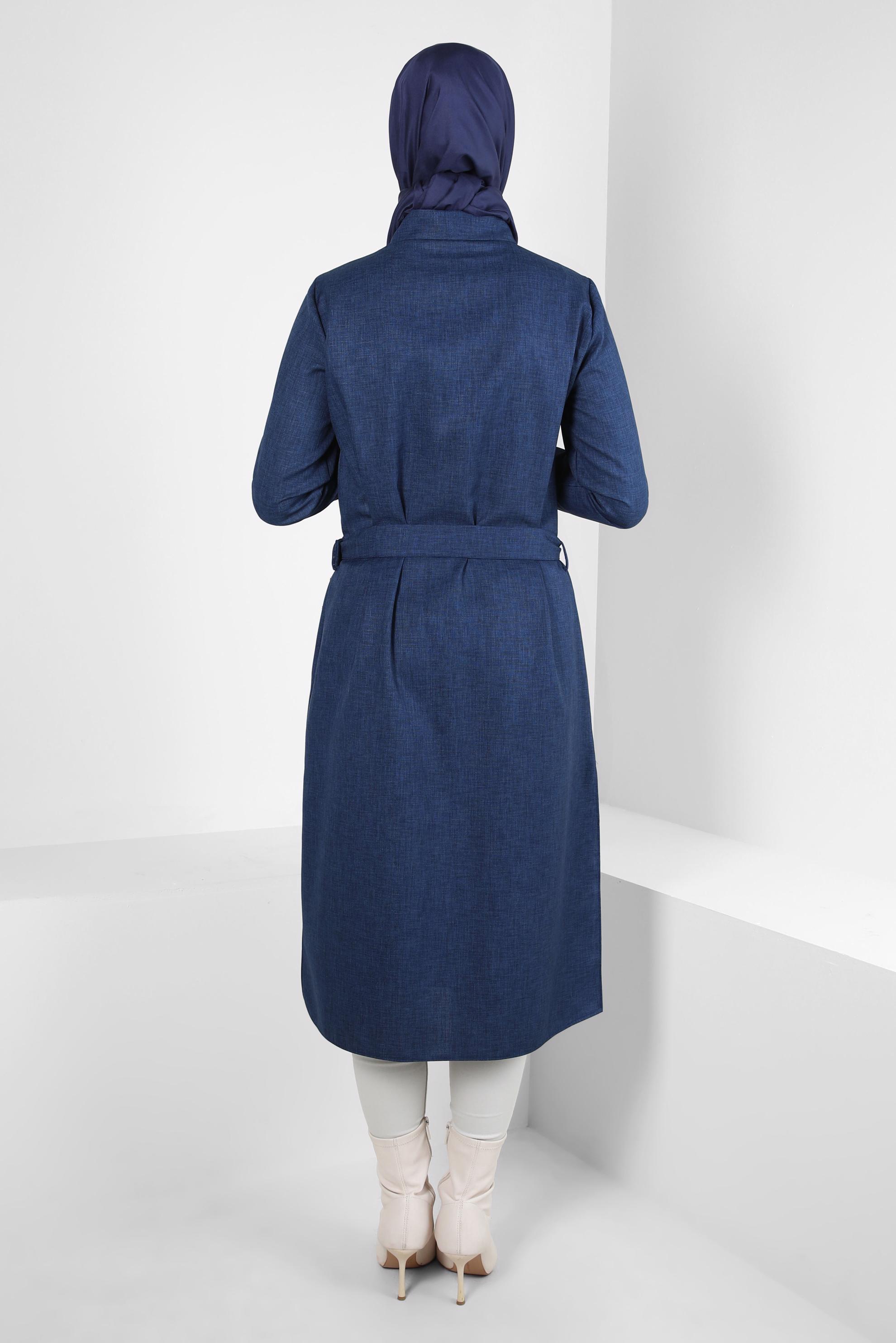 Tesettür giyim MAVİ KEMERLİ İŞLEME DETAYLI TUNİK 44220