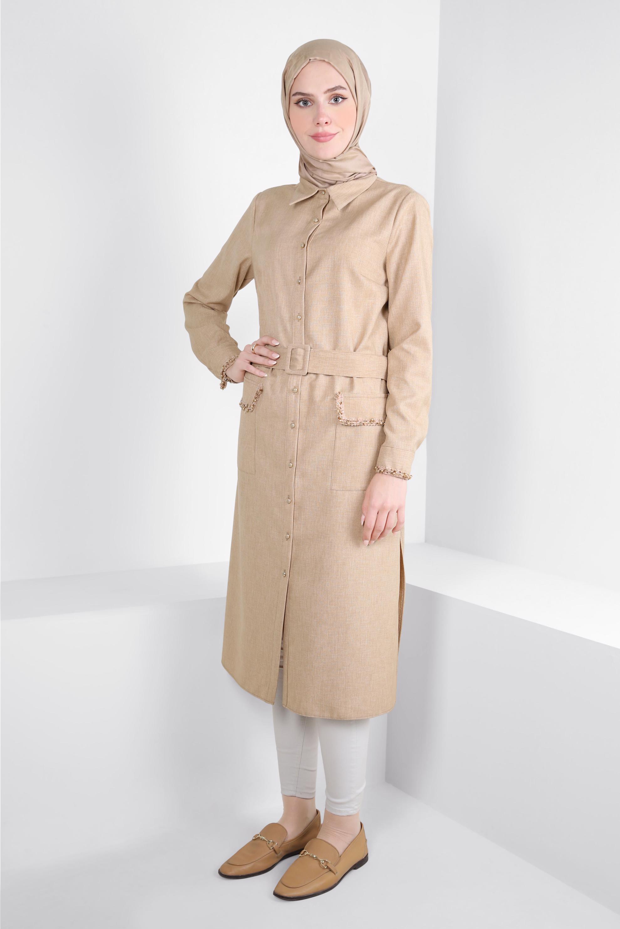 Tesettür giyim KAHVE KEMERLİ İŞLEME DETAYLI TUNİK 44220