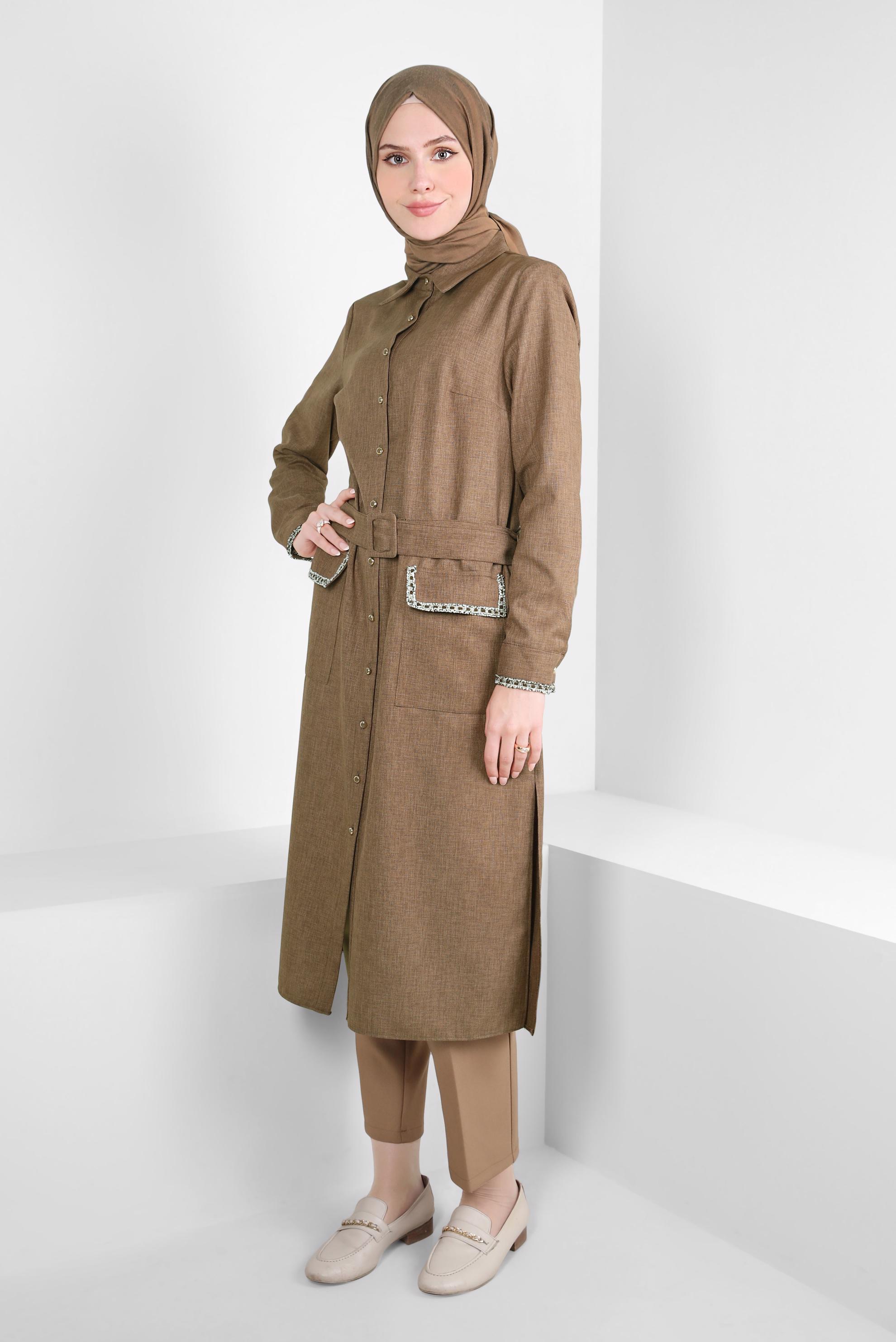 Tesettür giyim KAHVE KEMERLİ İŞLEME DETAYLI TUNİK 44220