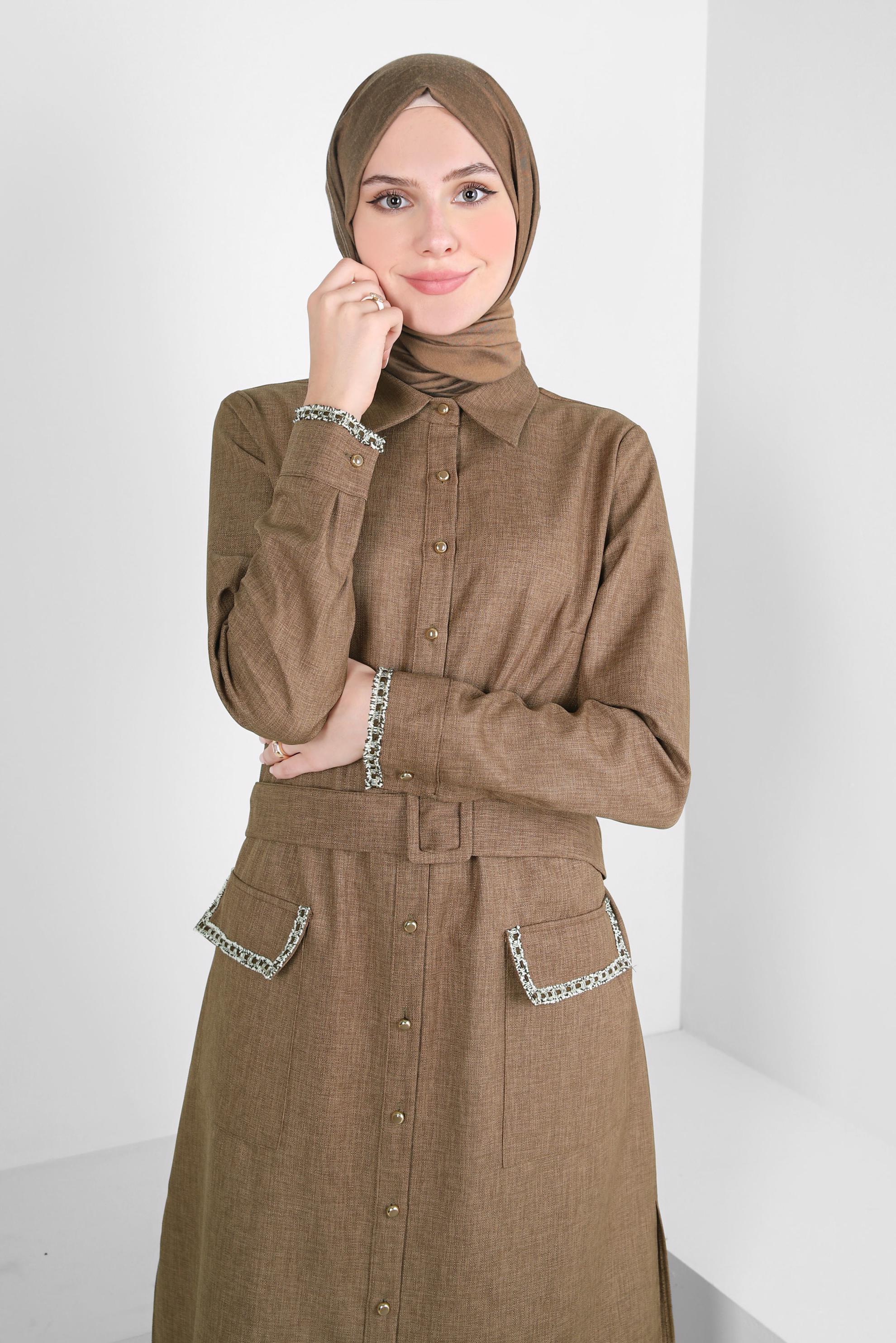 Tesettür giyim KAHVE KEMERLİ İŞLEME DETAYLI TUNİK 44220