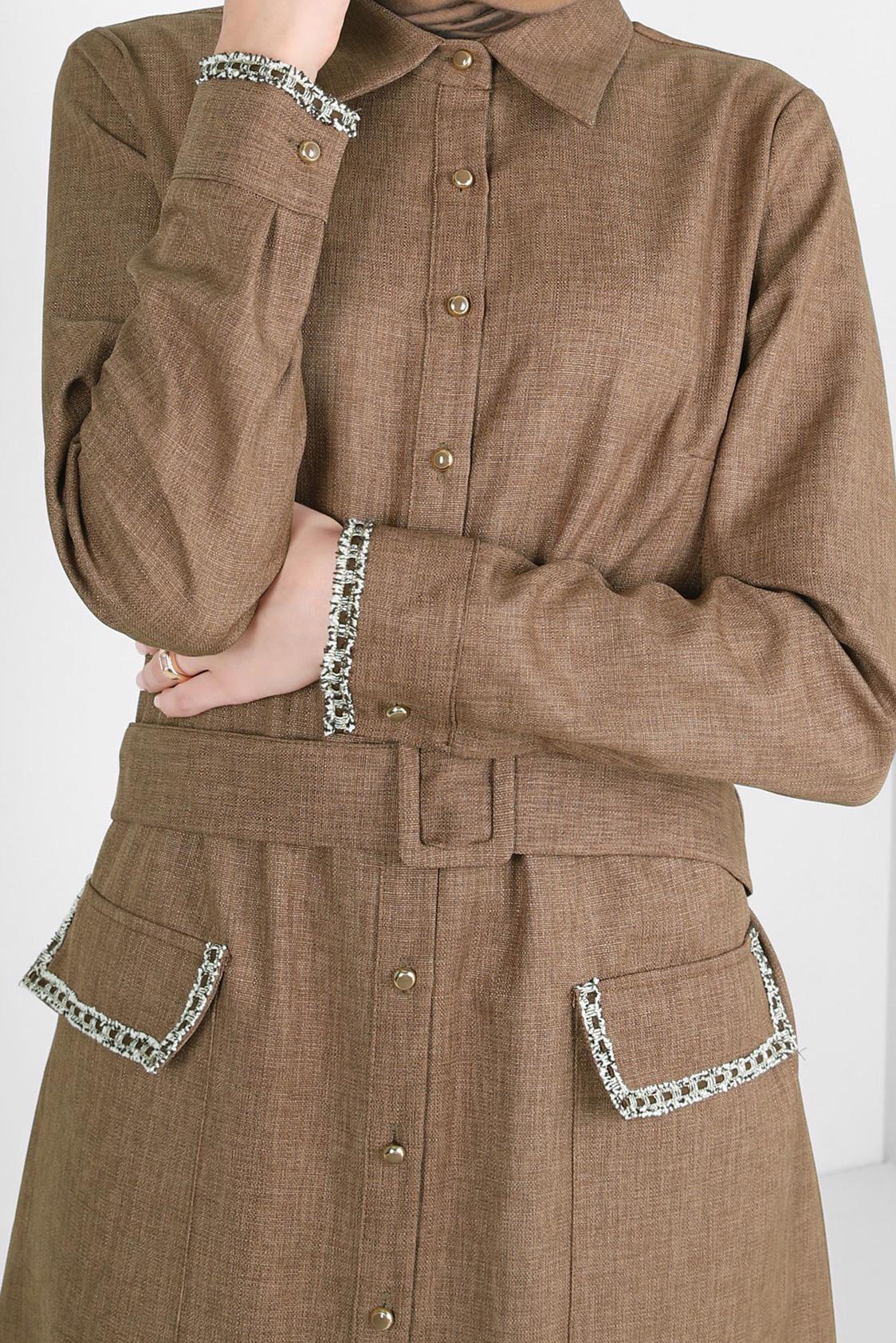 Tesettür giyim KAHVE KEMERLİ İŞLEME DETAYLI TUNİK 44220