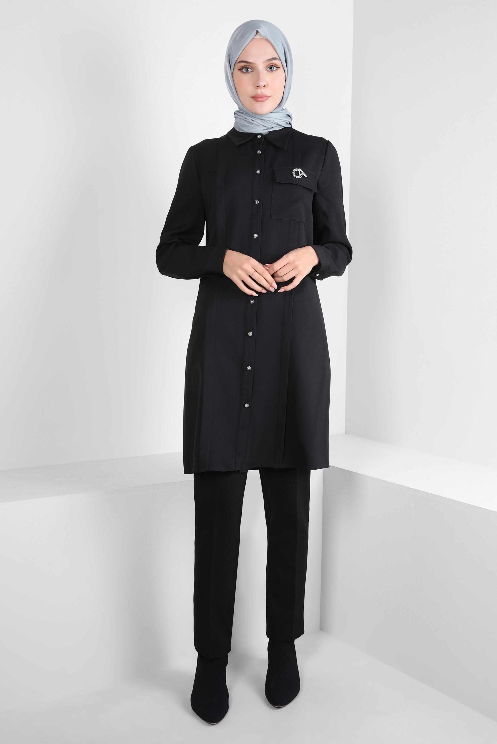 Tesettür giyim SİYAH AKSESUAR DETAYLI GÖMLEK TUNİK 44222