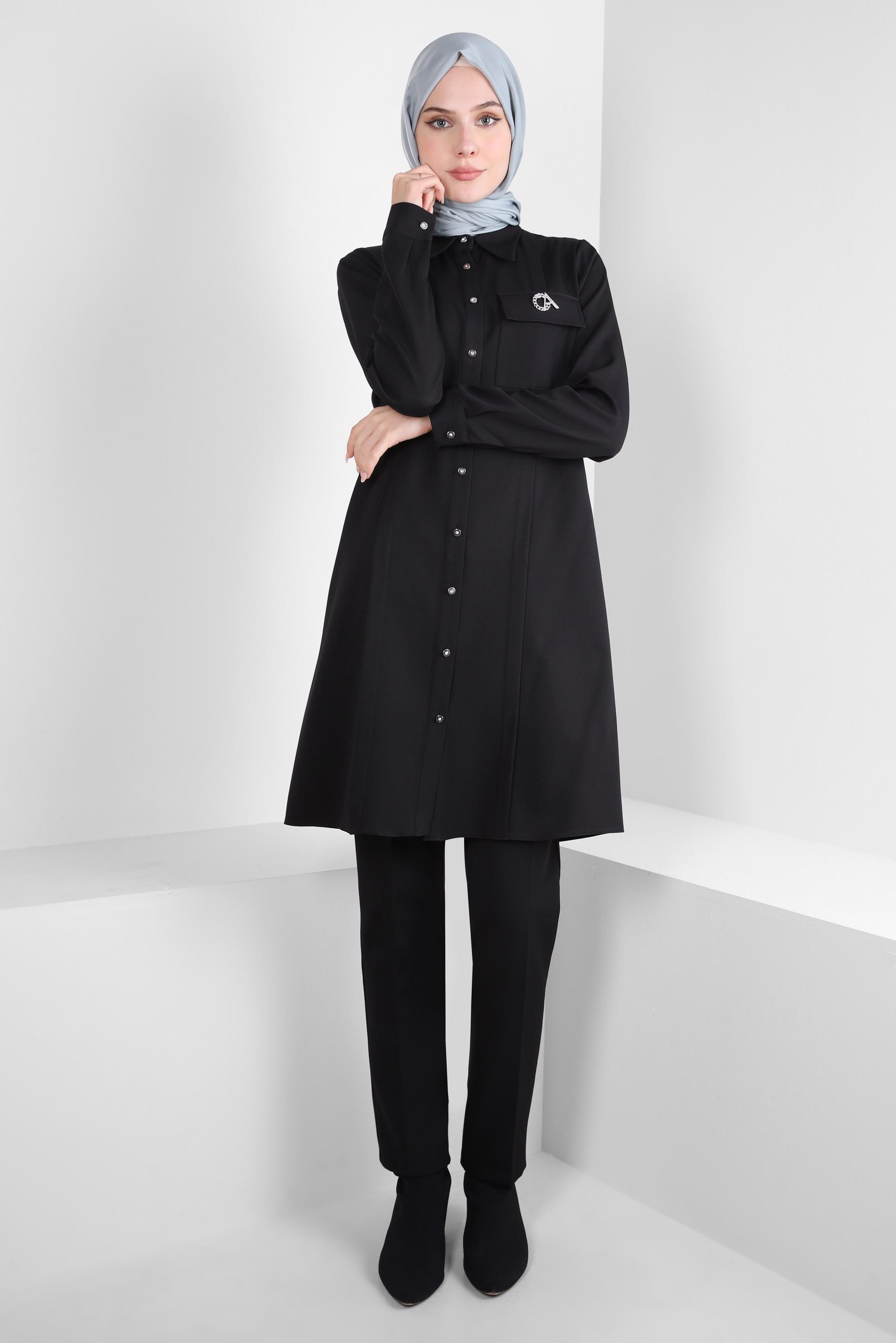 Tesettür giyim SİYAH AKSESUAR DETAYLI GÖMLEK TUNİK 44222