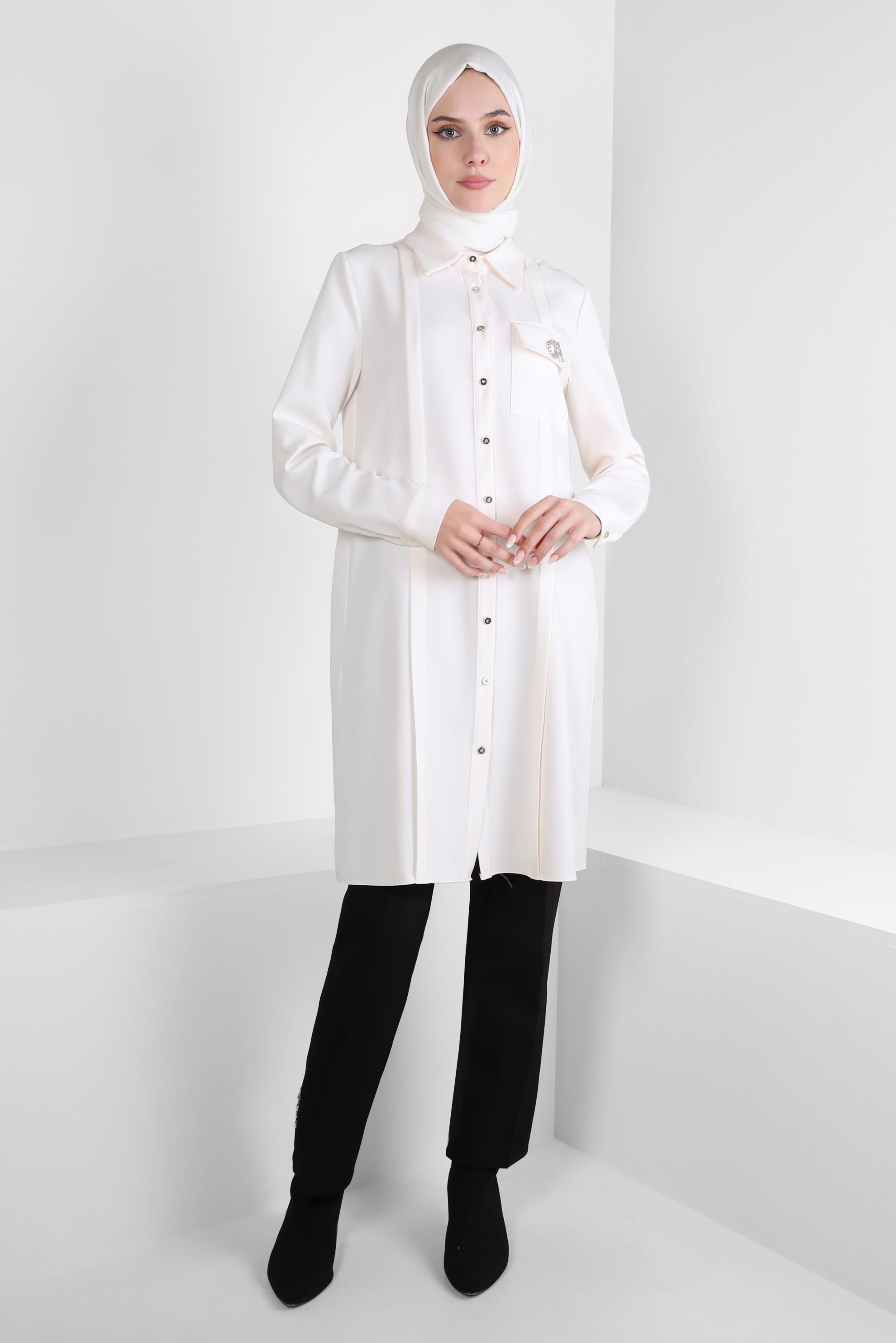 Tesettür giyim BEYAZ AKSESUAR DETAYLI GÖMLEK TUNİK 44222