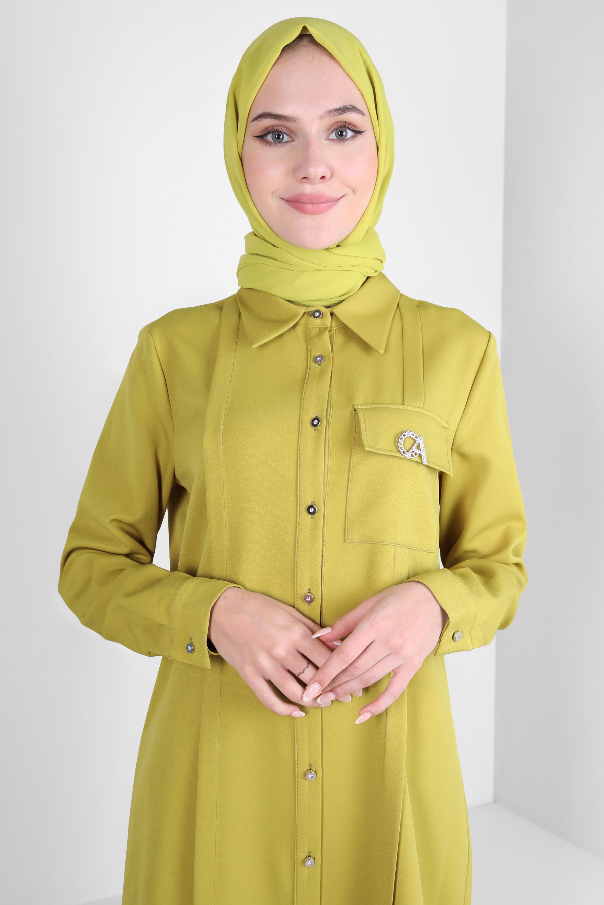Tesettür giyim YEŞİL AKSESUAR DETAYLI GÖMLEK TUNİK 44222