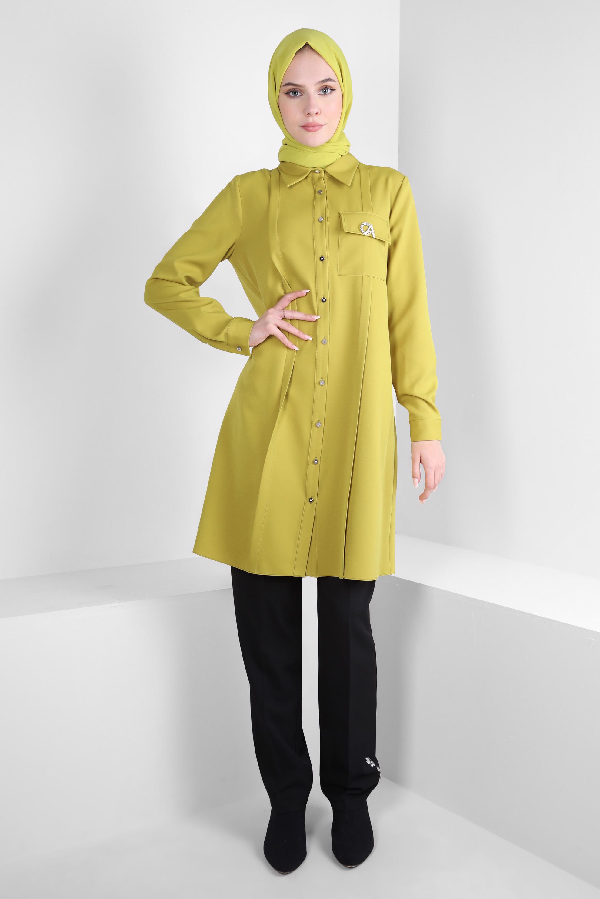 Tesettür giyim YEŞİL AKSESUAR DETAYLI GÖMLEK TUNİK 44222