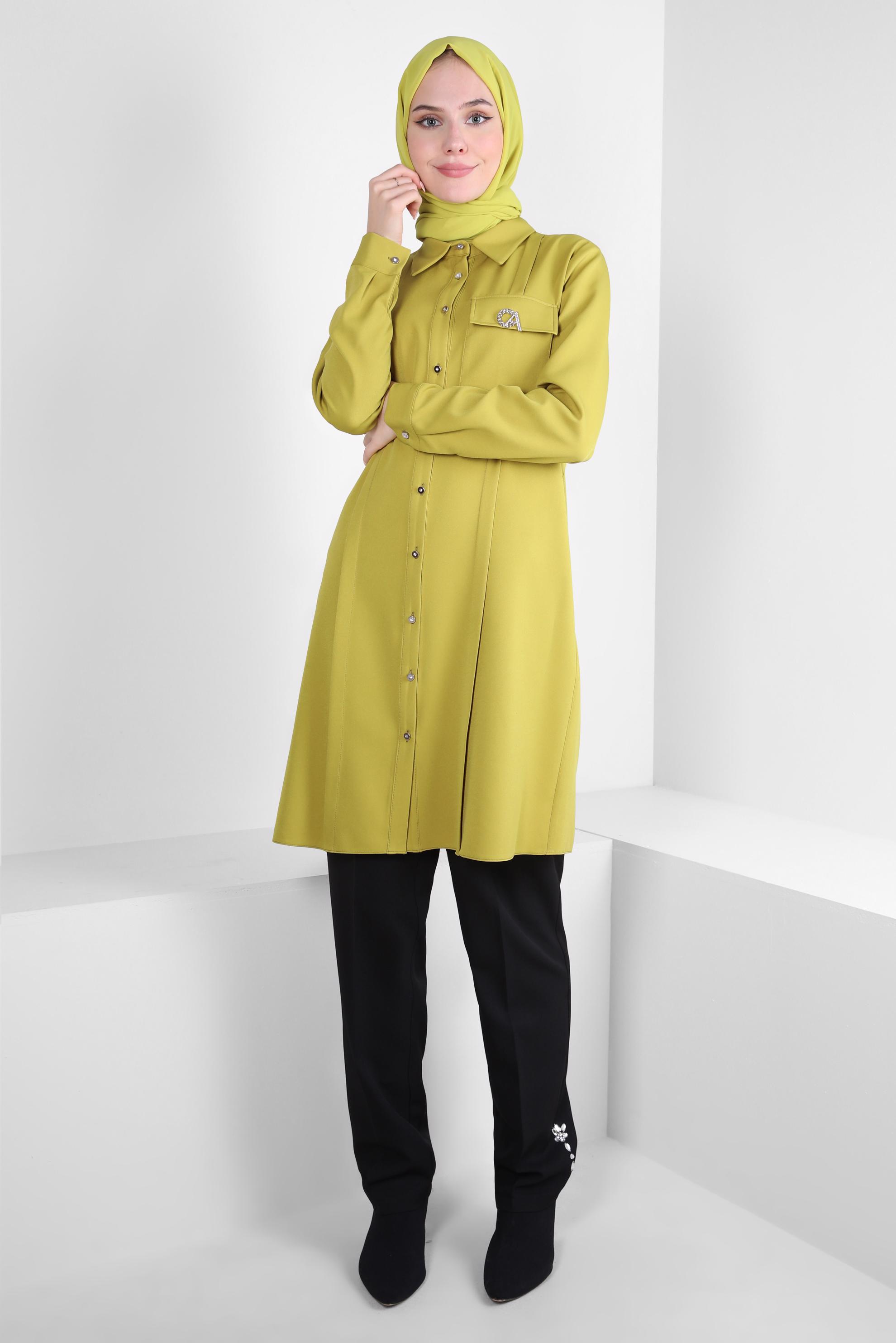 Tesettür giyim YEŞİL AKSESUAR DETAYLI GÖMLEK TUNİK 44222