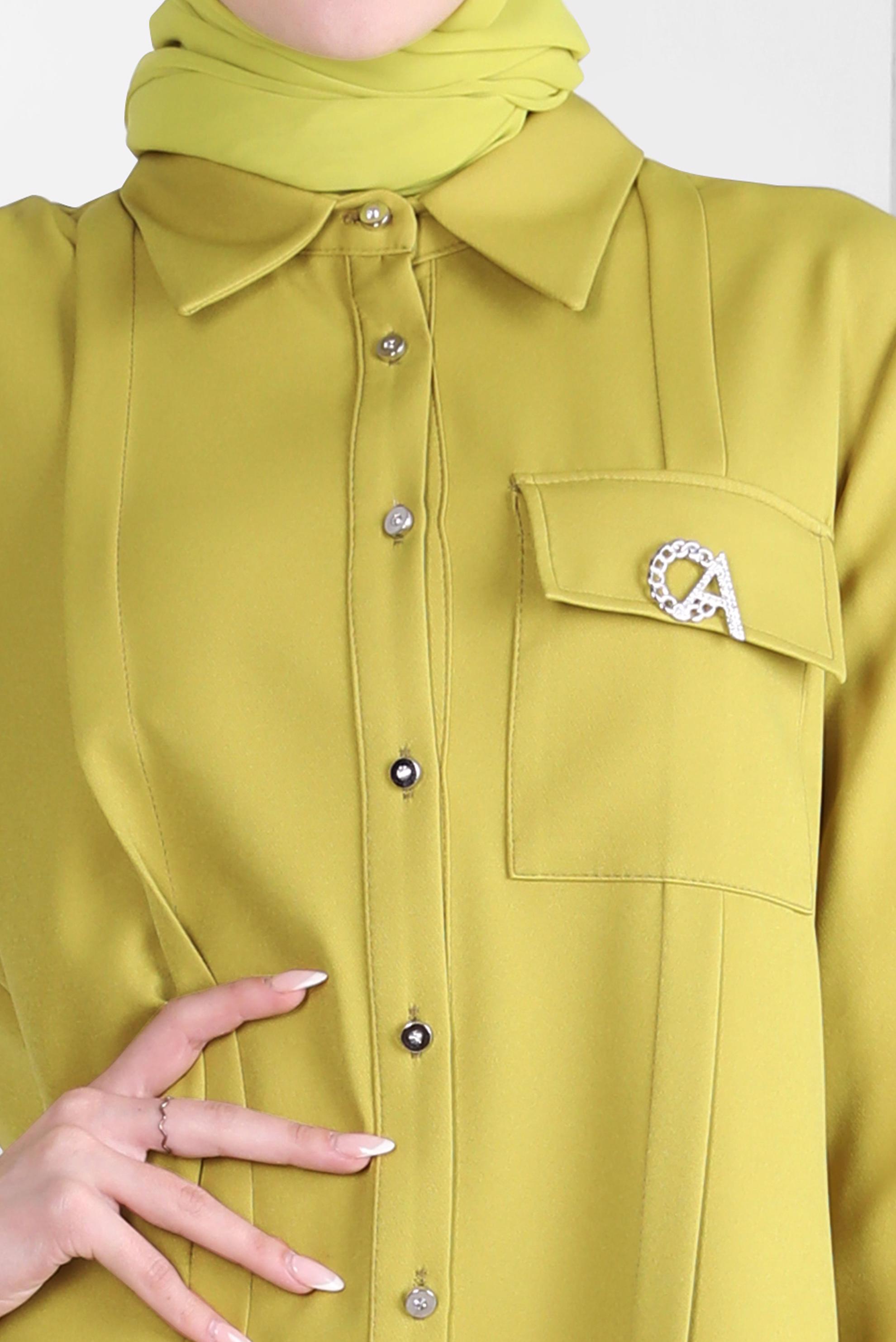 Tesettür giyim YEŞİL AKSESUAR DETAYLI GÖMLEK TUNİK 44222