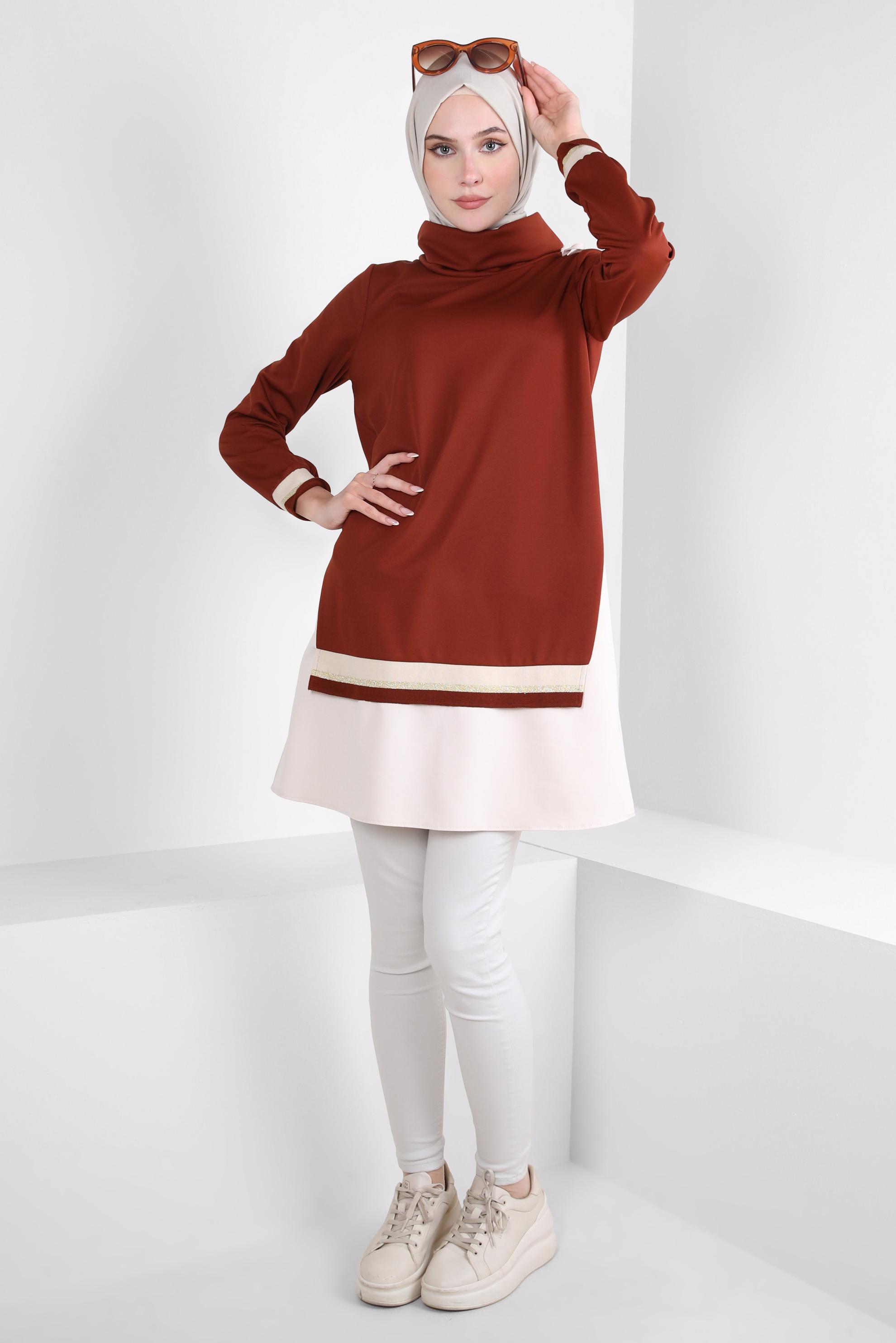 Tesettür giyim TURUNCU GARNİLİ ÖRME TUNİK 44235