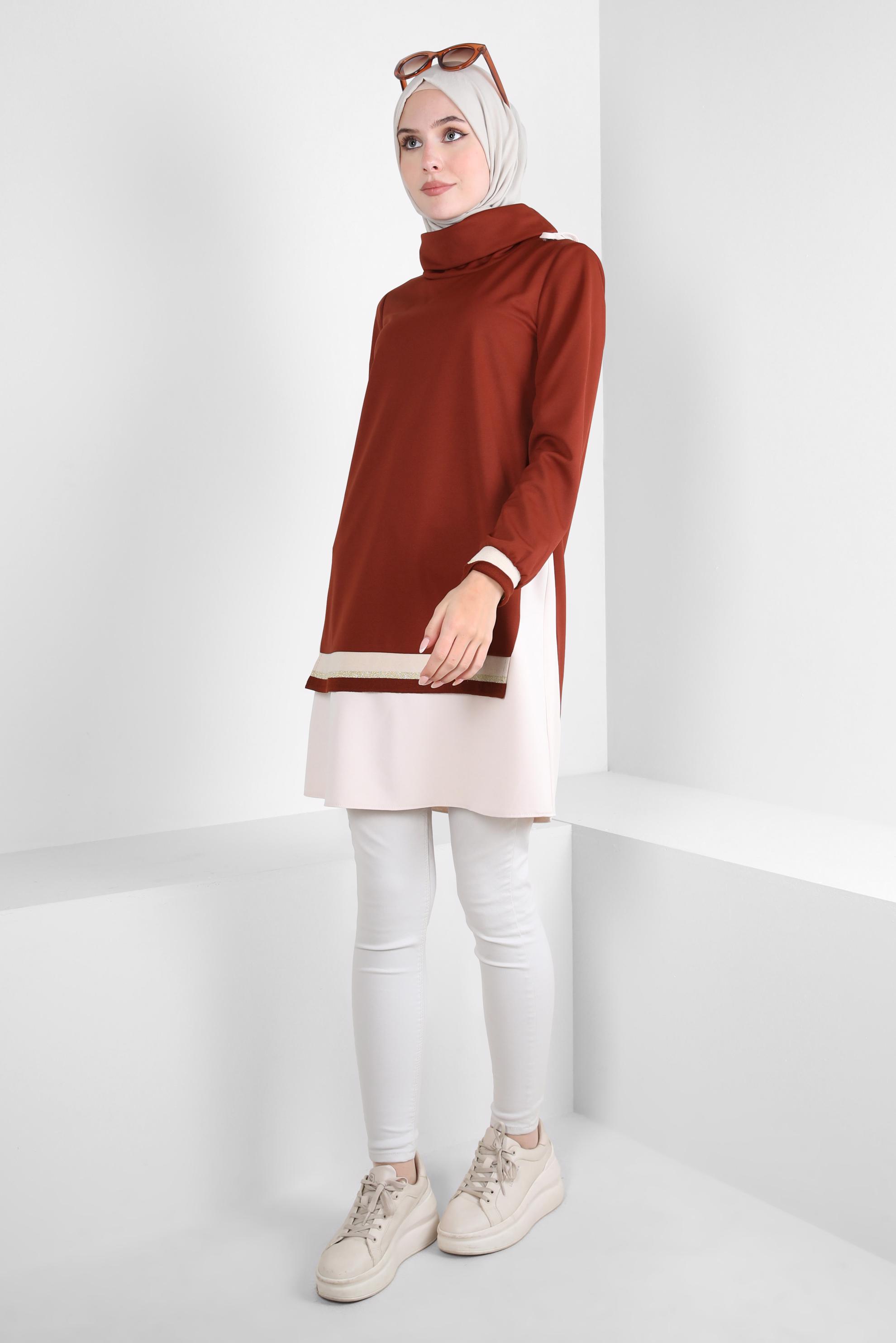 Tesettür giyim TURUNCU GARNİLİ ÖRME TUNİK 44235