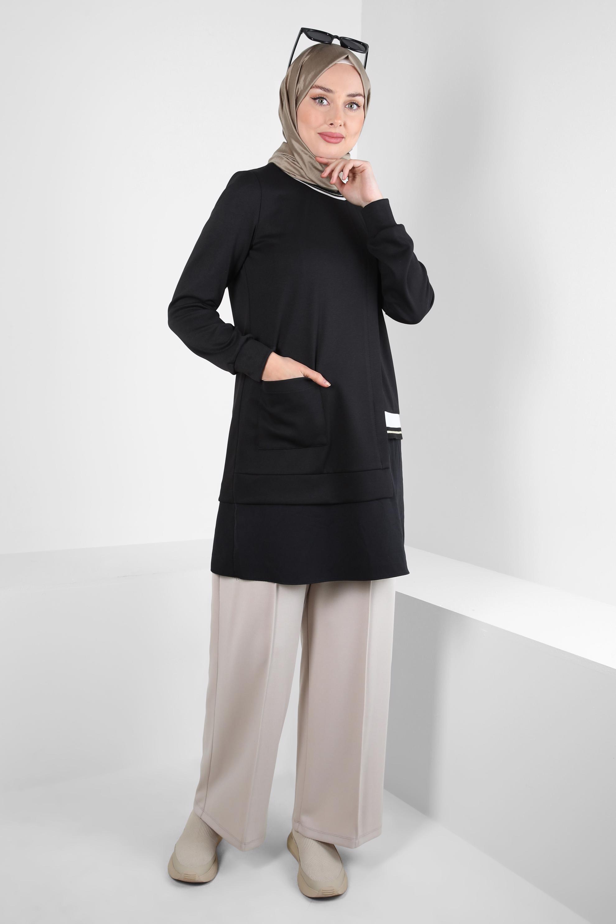 Tesettür giyim SİYAH CEP DETAYLI TUNİK 44236