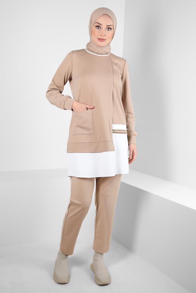 Hijab clothing BEIGE TUNIC WITH POCKET DETAIL 44236 - ALVİNA