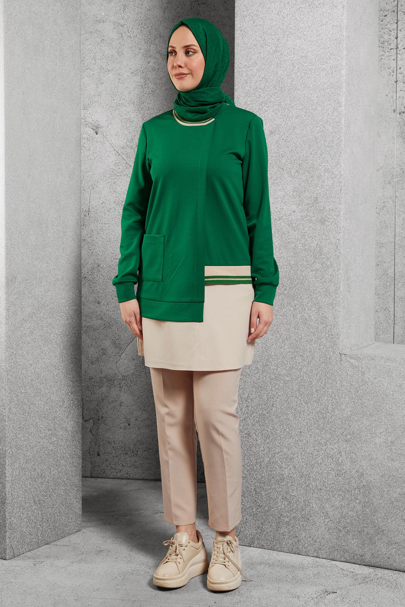 Tesettür giyim YEŞİL CEP DETAYLI TUNİK 44236