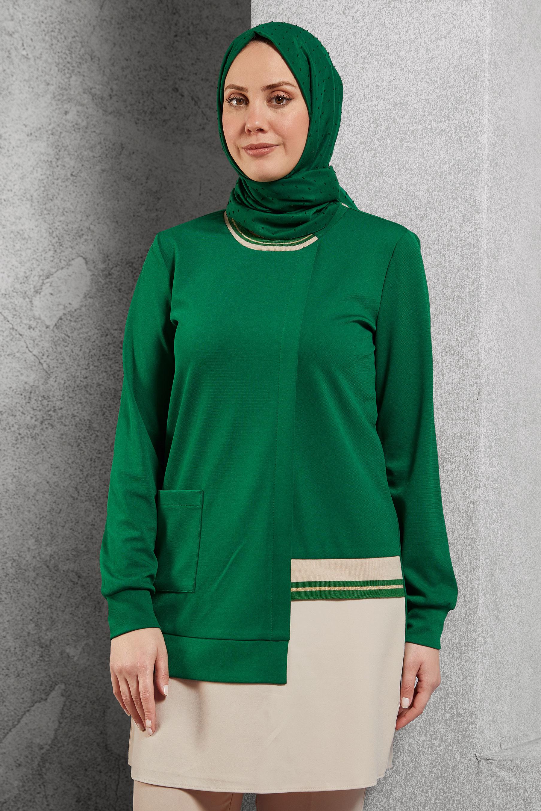 Tesettür giyim YEŞİL CEP DETAYLI TUNİK 44236