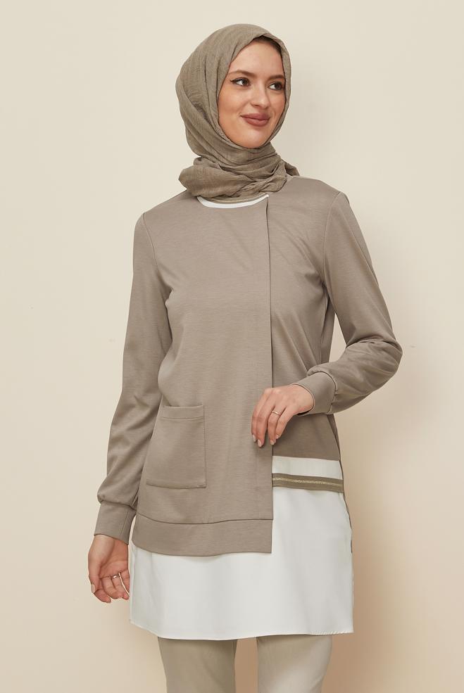 Vêtements hijab BEIGE TUNIQUE AVEC DÉTAIL DE POCHE 44236 - ALVİNA