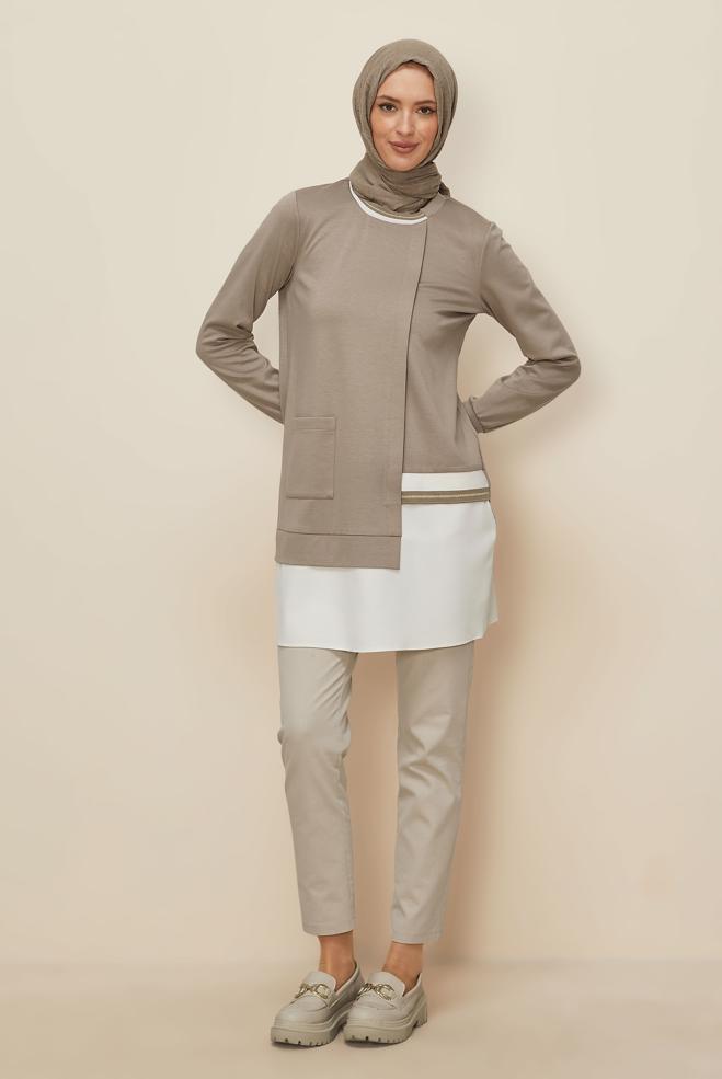 Vêtements hijab BEIGE TUNIQUE AVEC DÉTAIL DE POCHE 44236 - ALVİNA