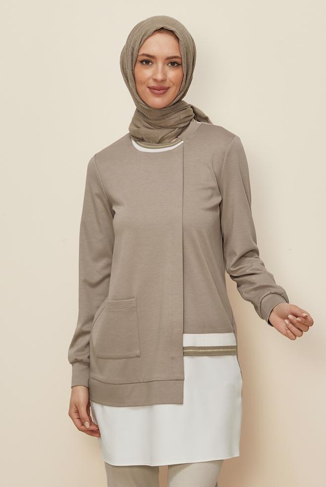 Vêtements hijab BEIGE TUNIQUE AVEC DÉTAIL DE POCHE 44236 - ALVİNA