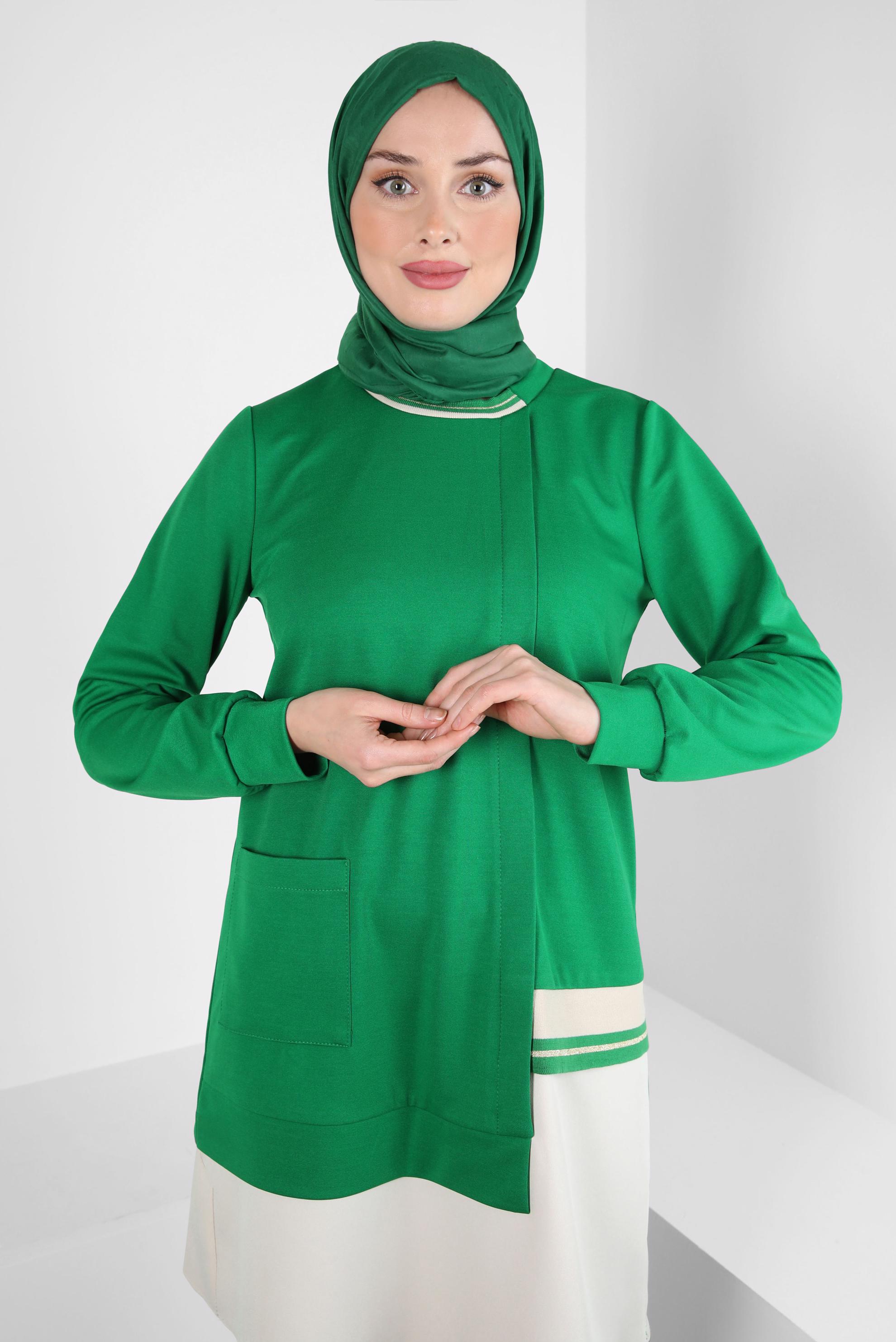 Tesettür giyim YEŞİL CEP DETAYLI TUNİK 44236