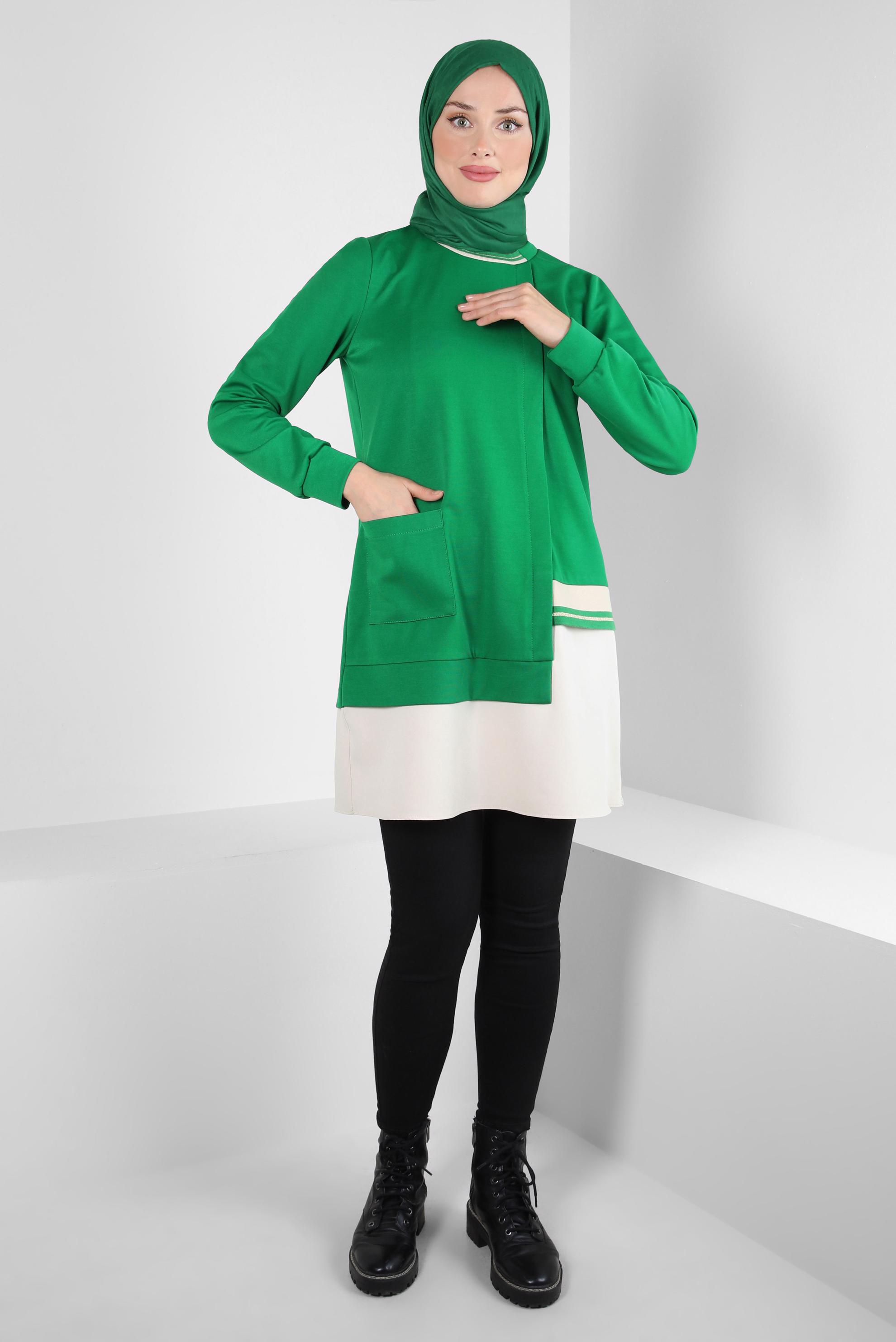 Tesettür giyim YEŞİL CEP DETAYLI TUNİK 44236