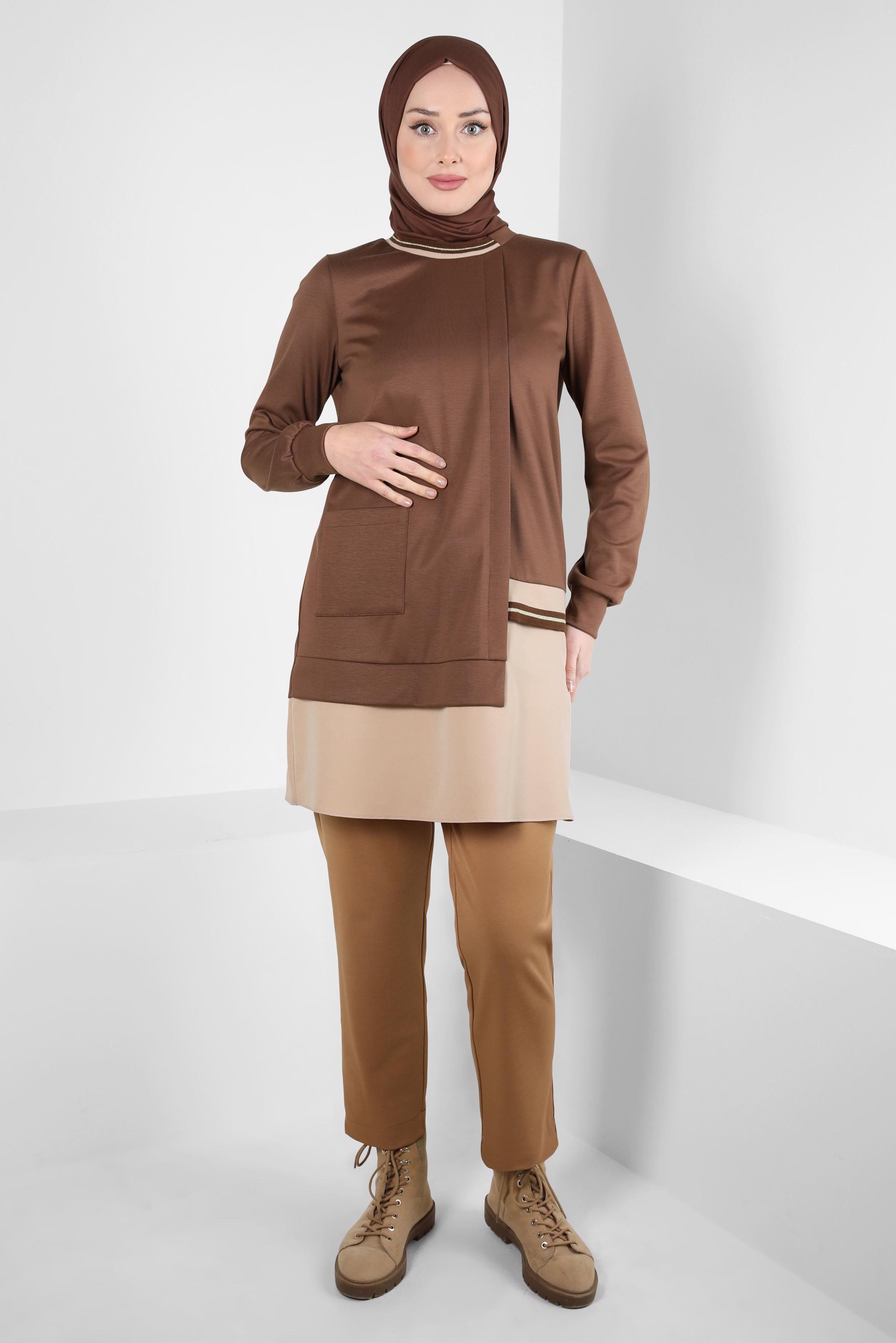 Tesettür giyim KAHVE CEP DETAYLI TUNİK 44236