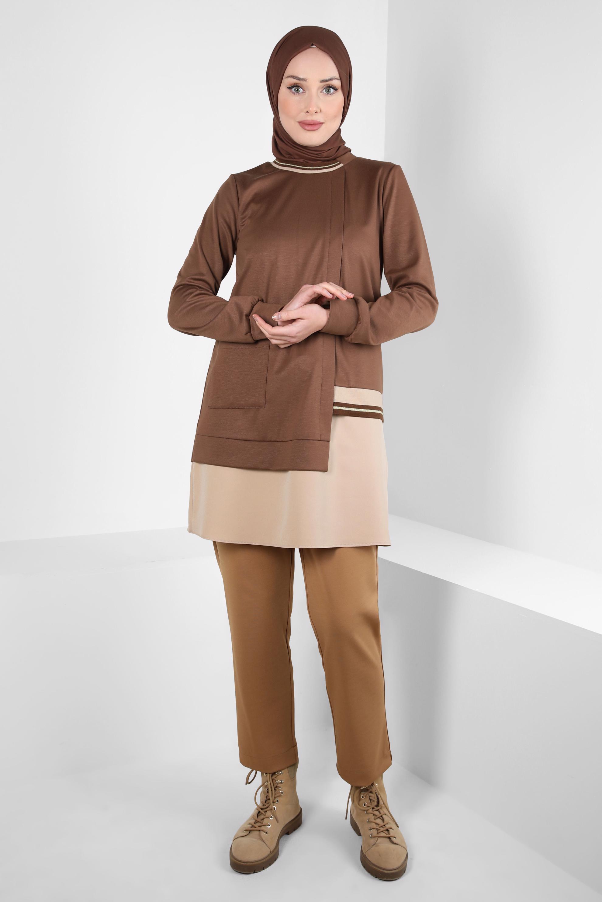 Tesettür giyim KAHVE CEP DETAYLI TUNİK 44236