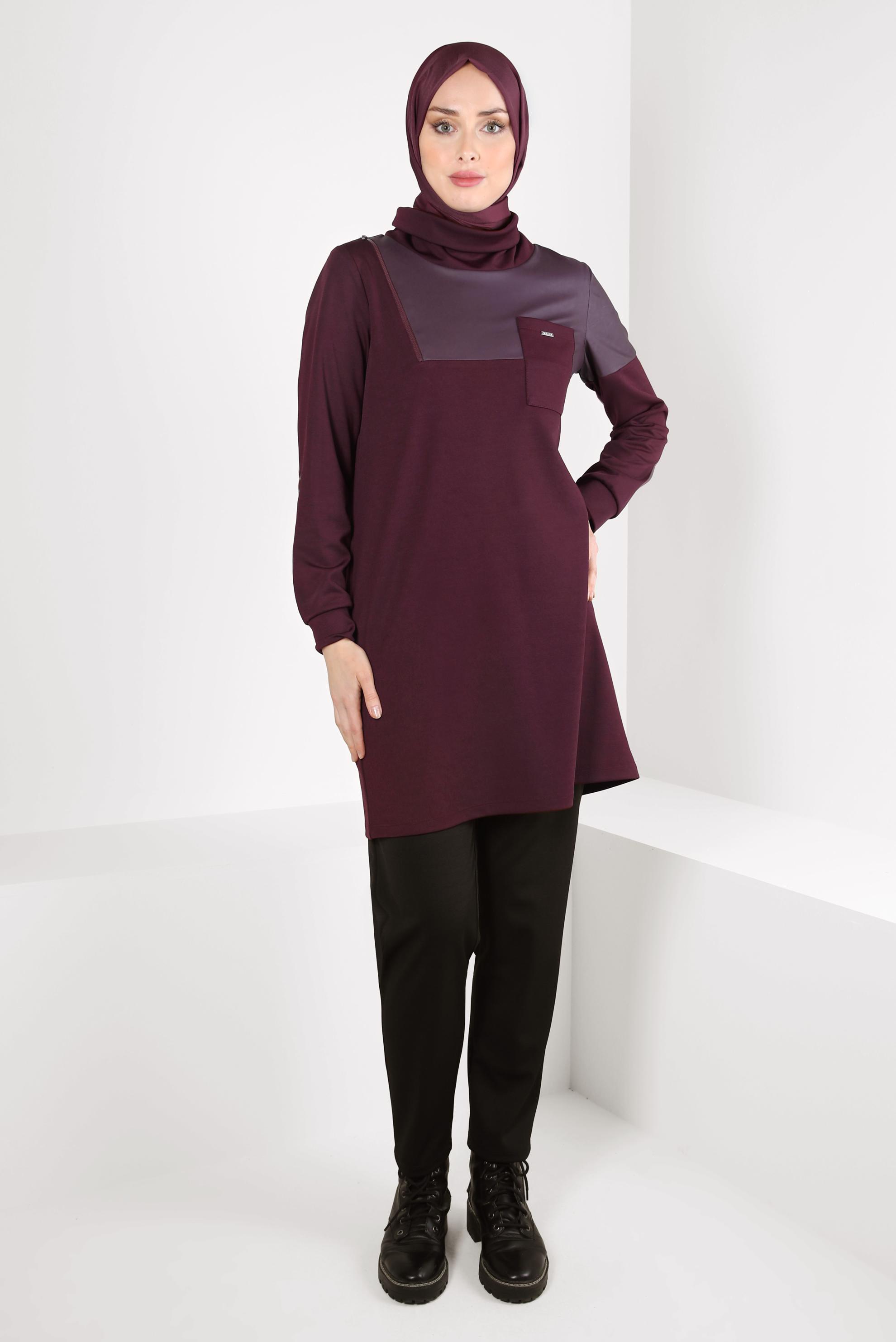 Tesettür giyim BORDO BOĞAZLI YAKA TUNİK 44244