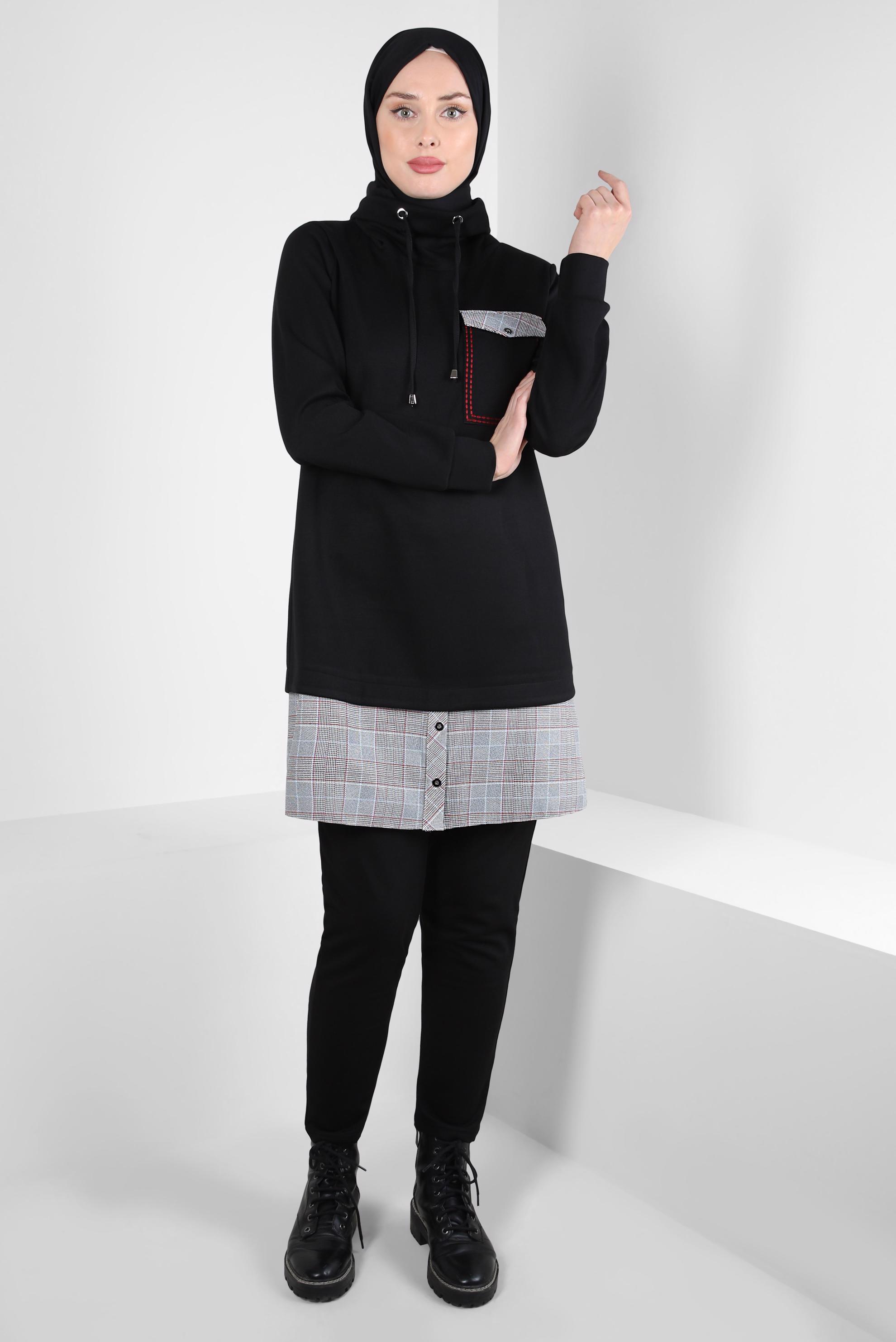 Tesettür giyim SİYAH GÖMLEK GARNİLİ TUNİK 44246