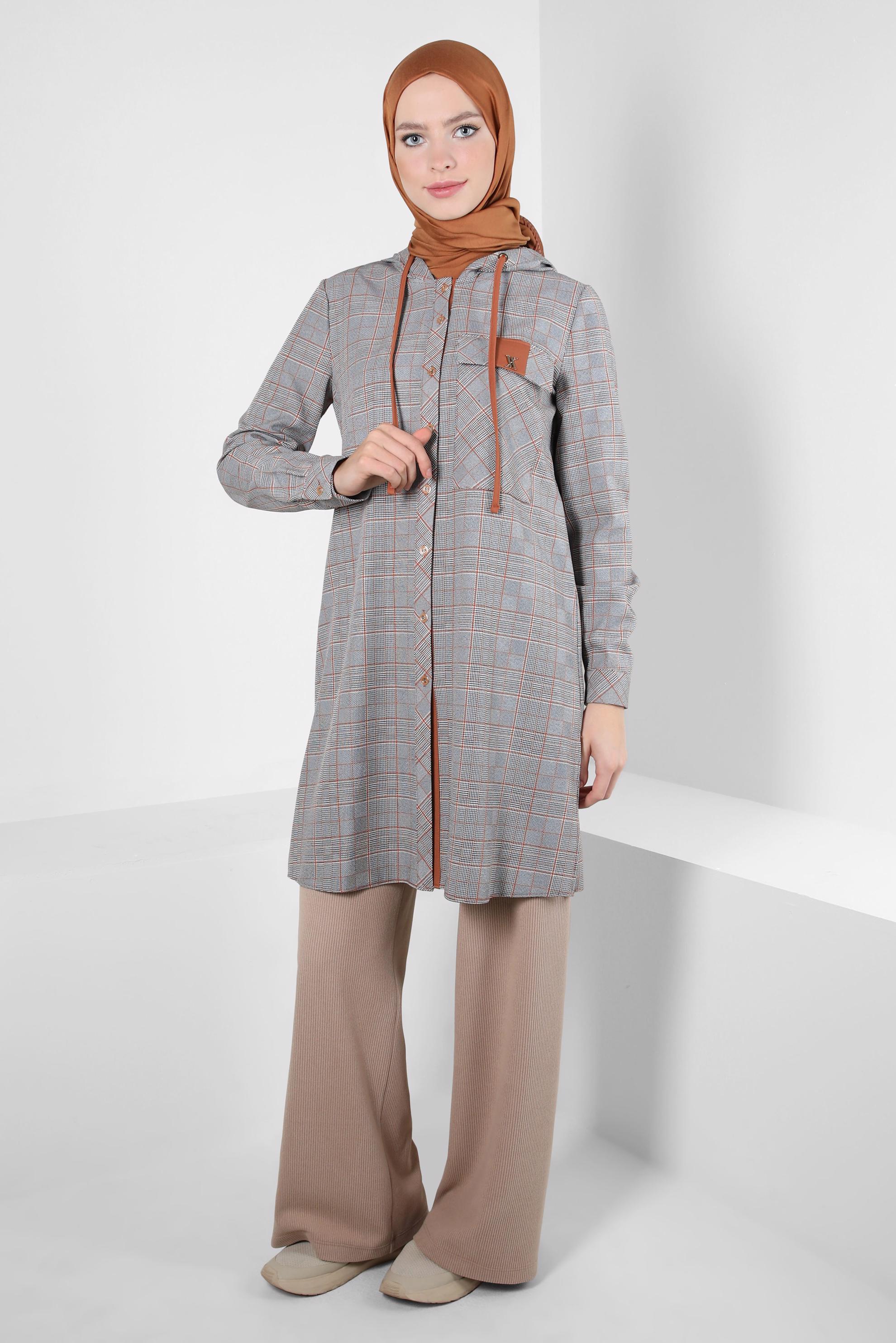 Tesettür giyim MAVİ EKOSE DESENLİ TUNİK 44247