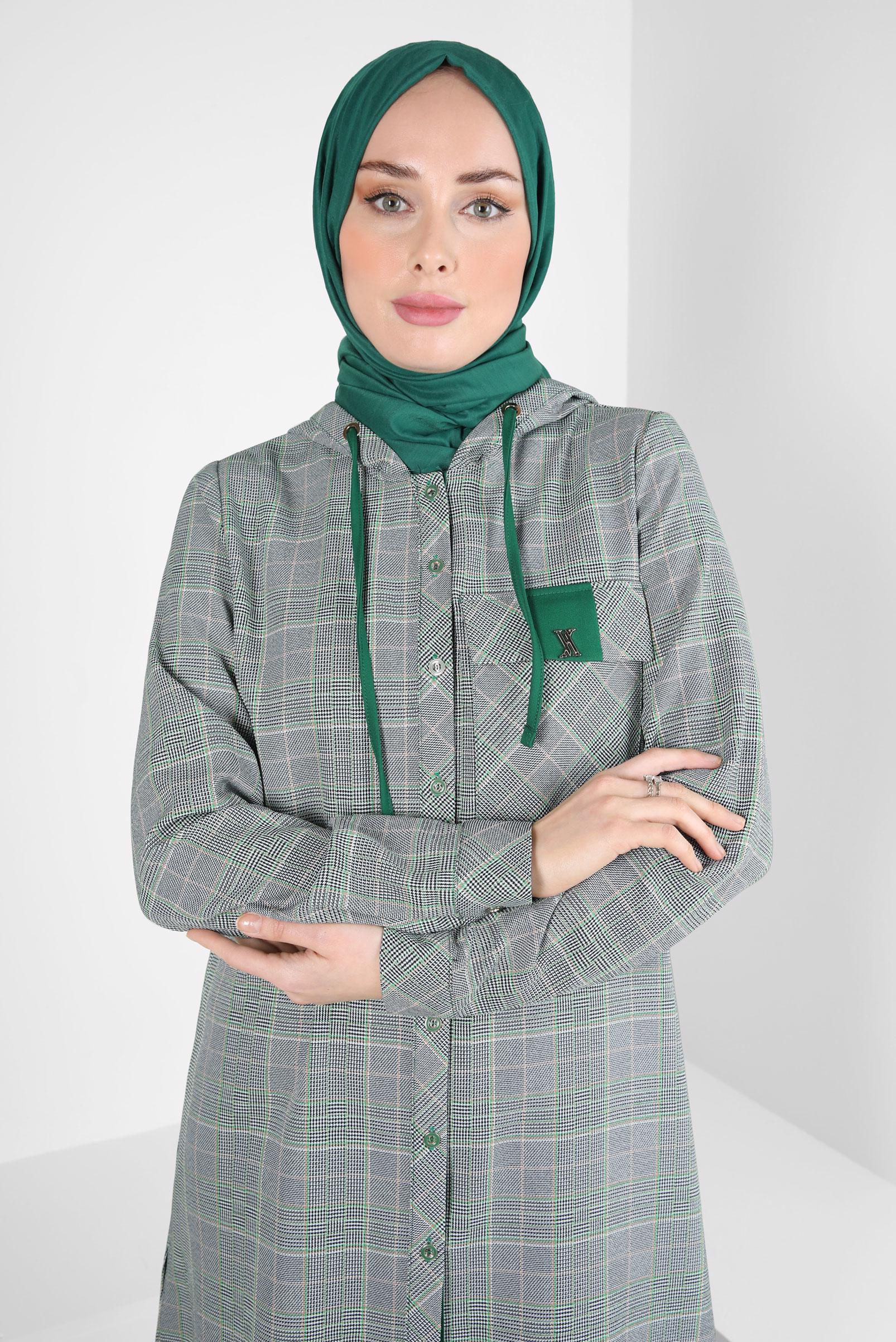 Tesettür giyim YEŞİL EKOSE DESENLİ TUNİK 44247