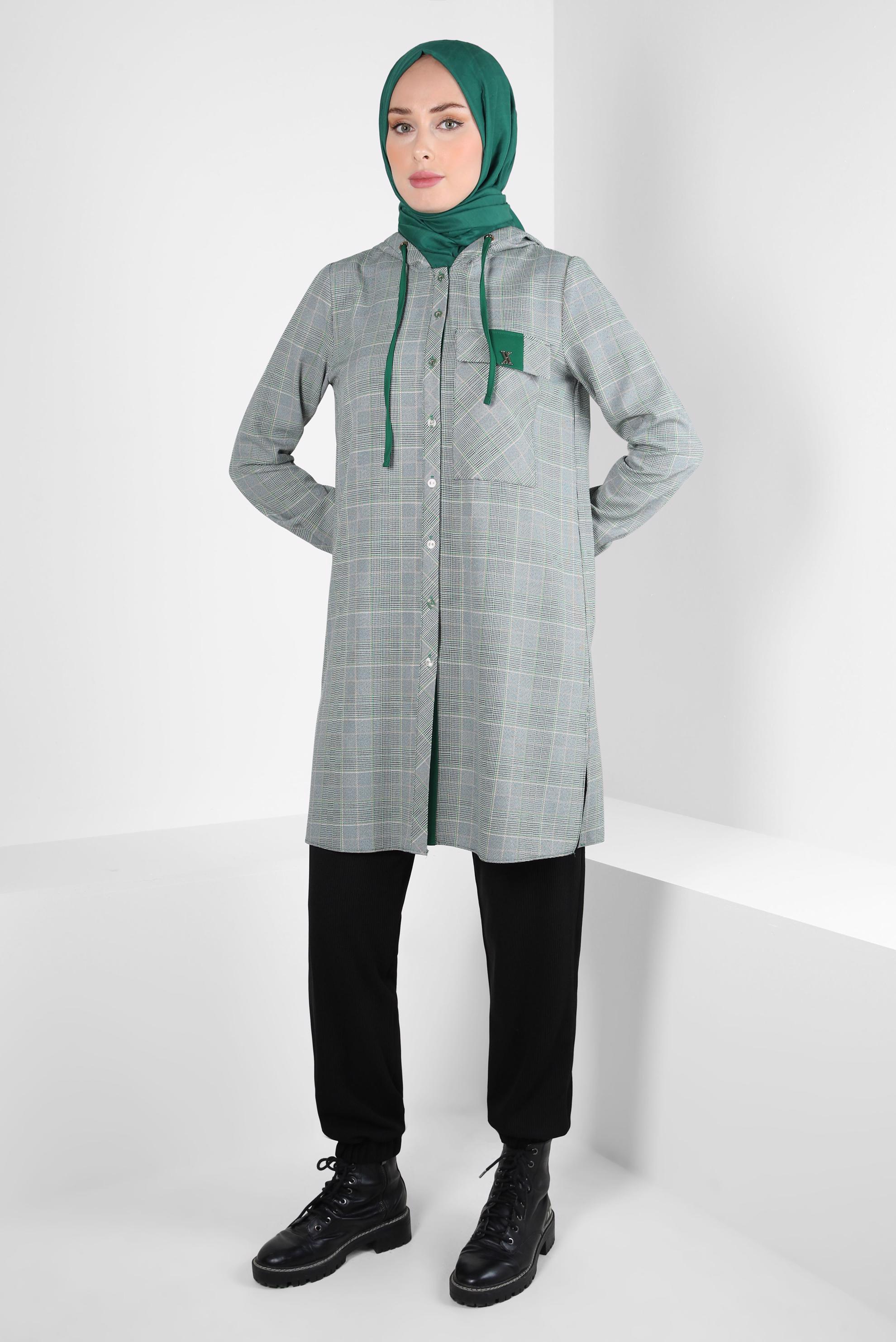 Tesettür giyim YEŞİL EKOSE DESENLİ TUNİK 44247