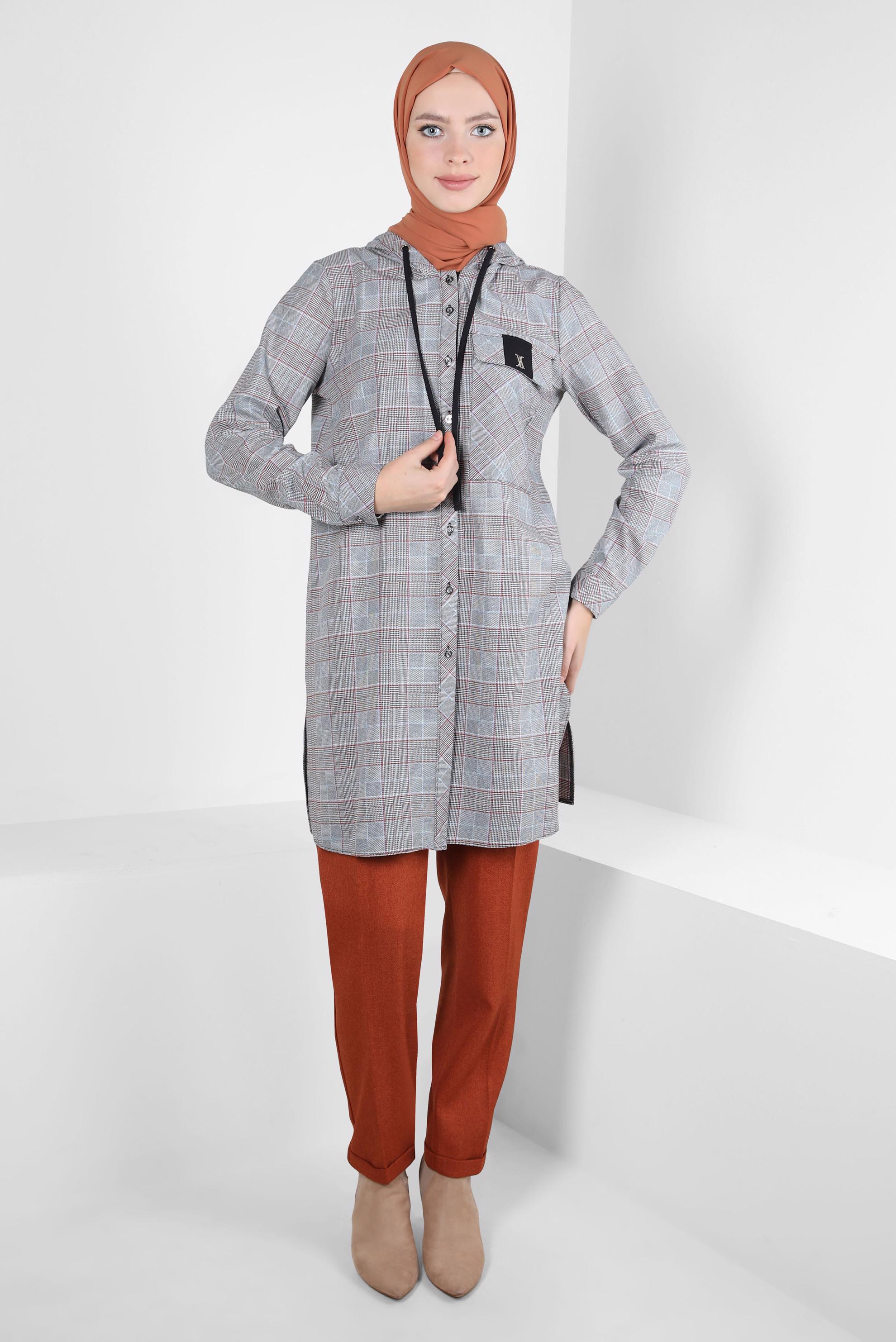 Tesettür giyim TURUNCU EKOSE DESENLİ TUNİK 44247