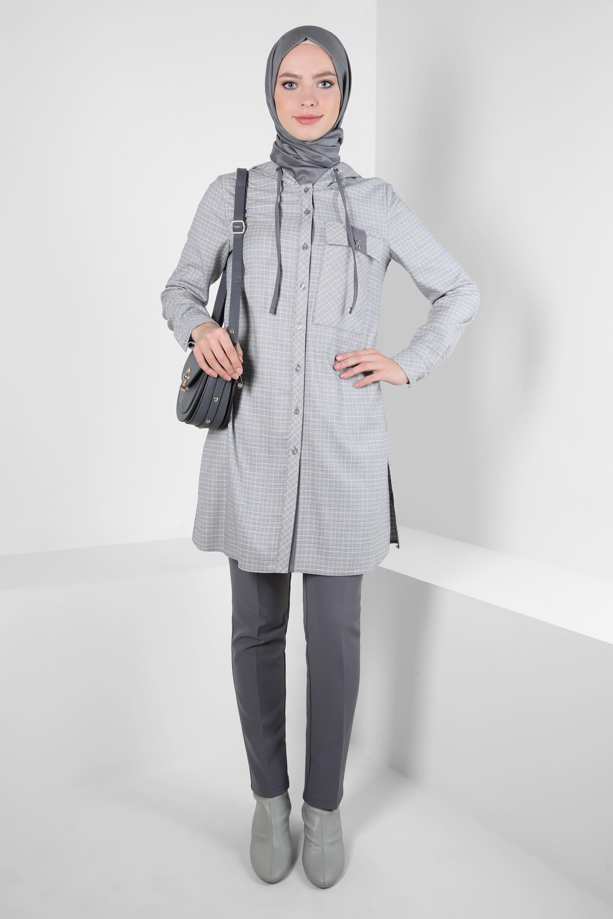Tesettür giyim GRİ KAPÜŞONLU TUNİK 44247-1